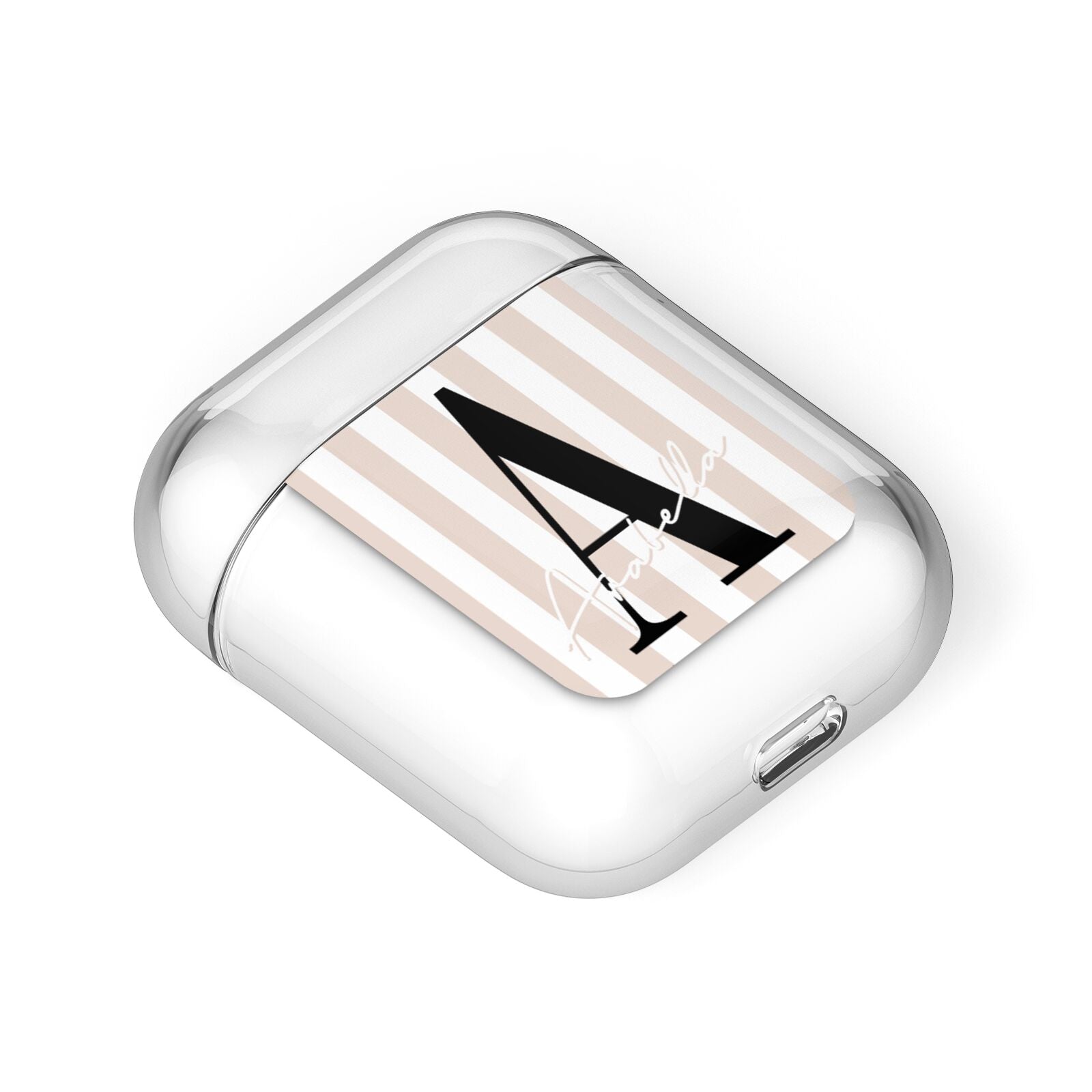 Personalised Nude Colour White Striped AirPods Case Laid Flat