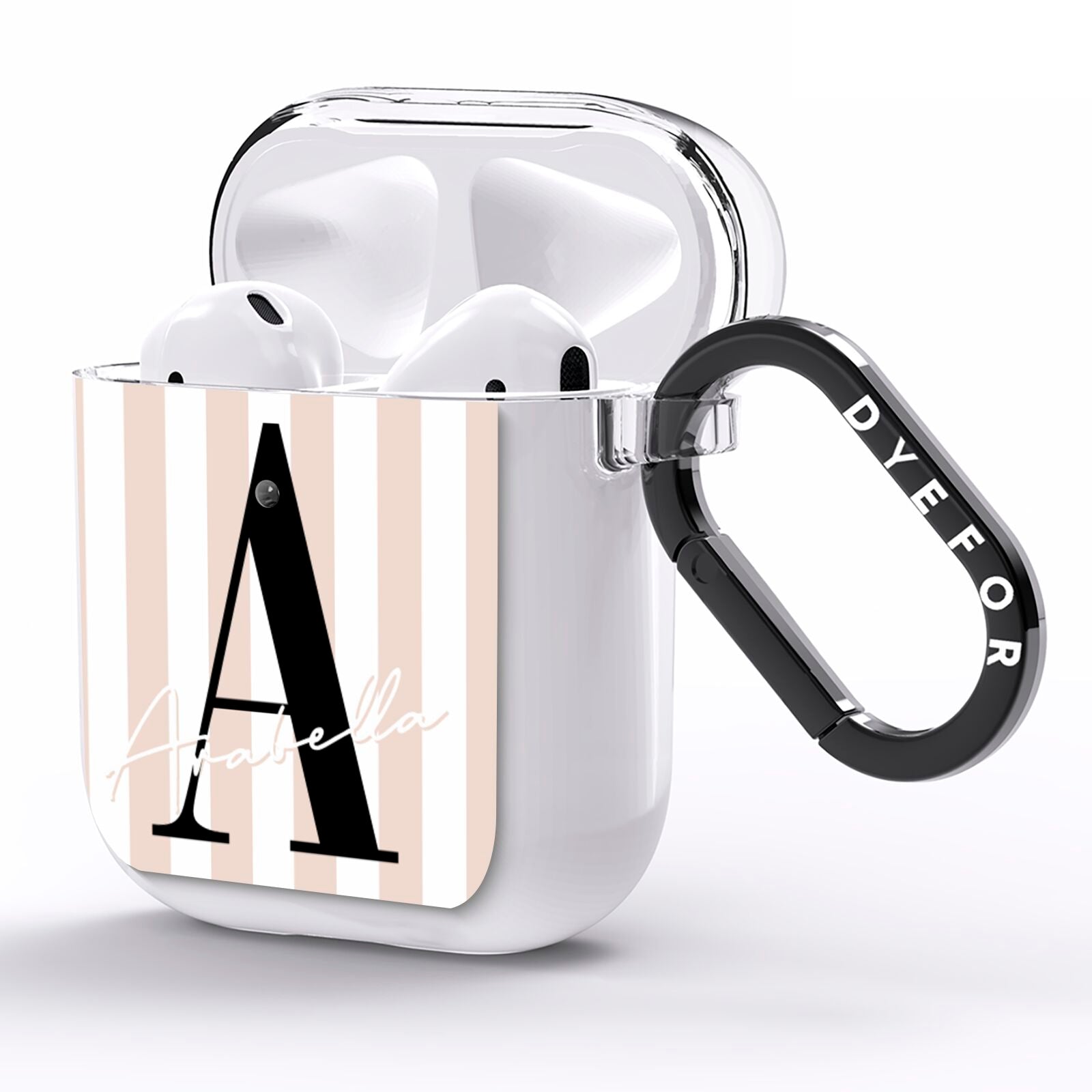 Personalised Nude Colour White Striped AirPods Clear Case Side Image