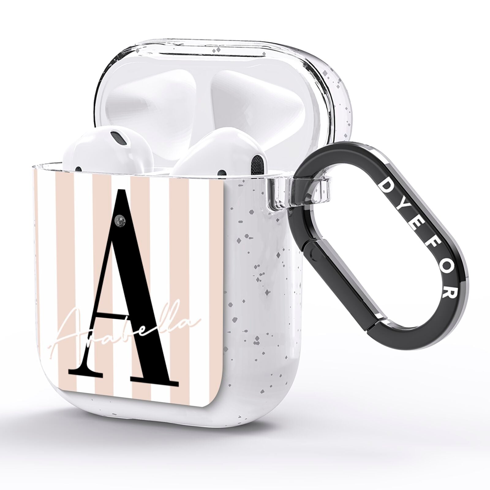 Personalised Nude Colour White Striped AirPods Glitter Case Side Image
