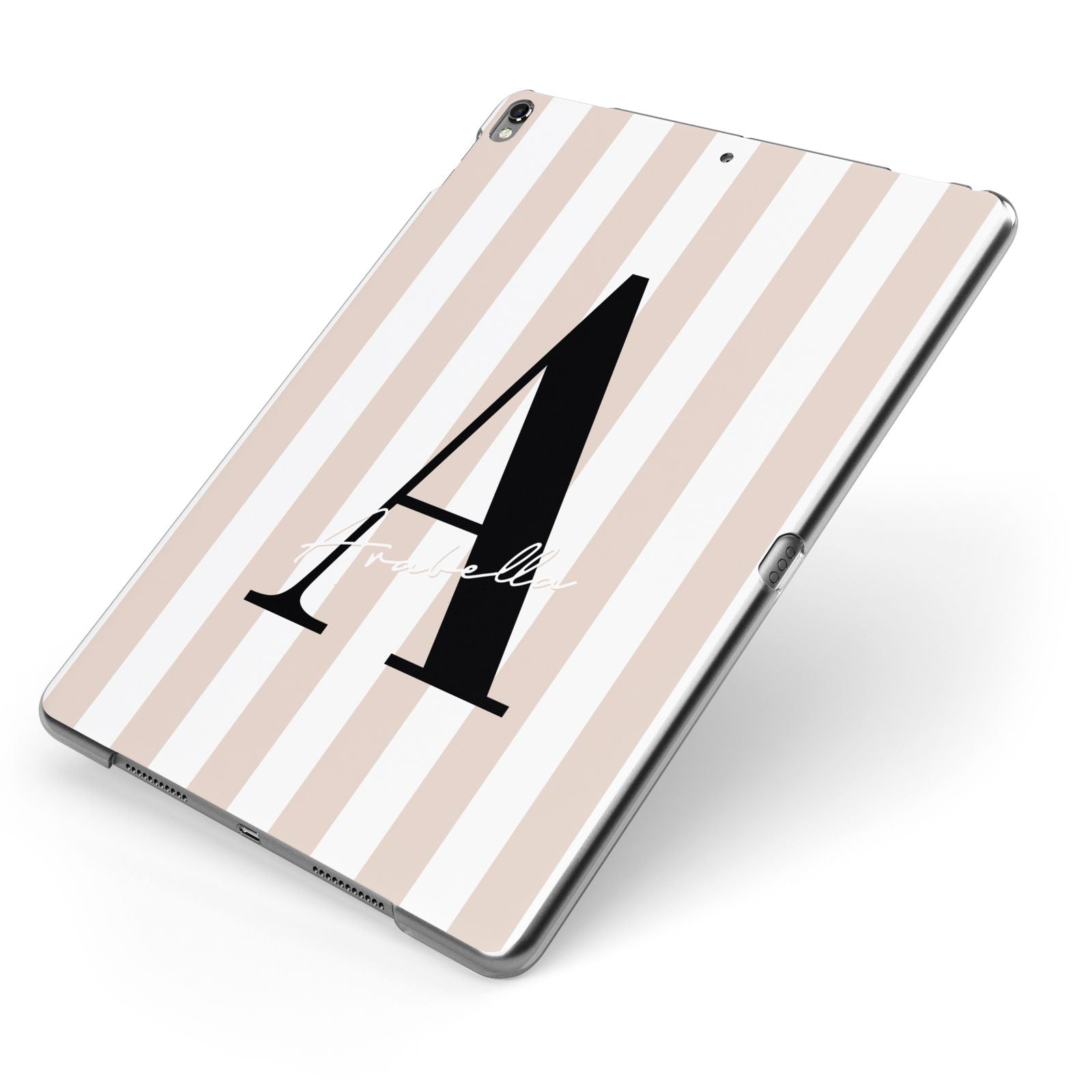 Personalised Nude Colour White Striped Apple iPad Case on Grey iPad Side View