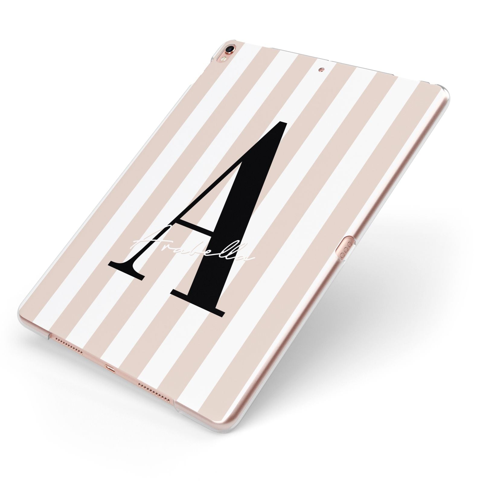 Personalised Nude Colour White Striped Apple iPad Case on Rose Gold iPad Side View