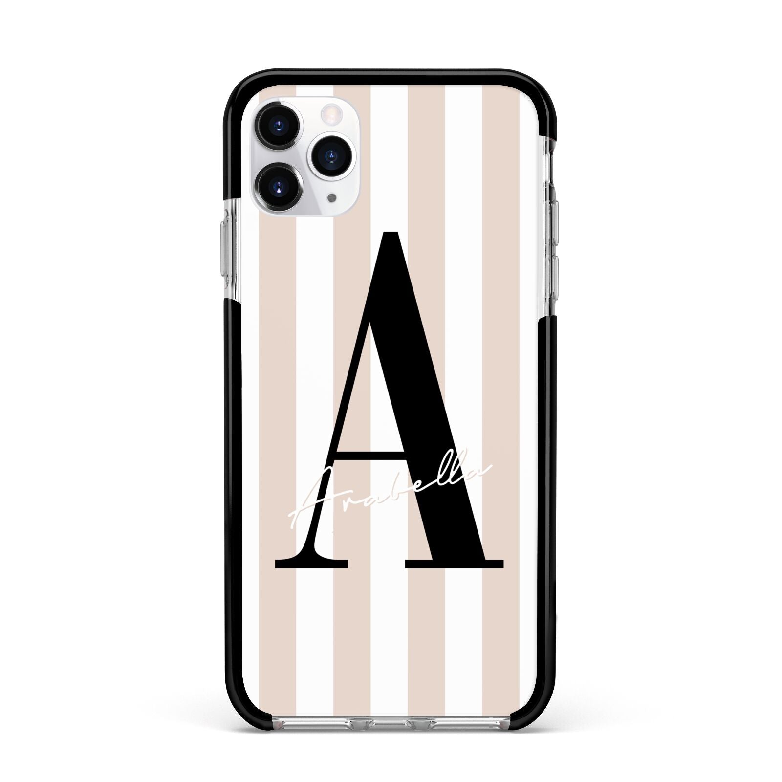 Personalised Nude Colour White Striped Apple iPhone 11 Pro Max in Silver with Black Impact Case