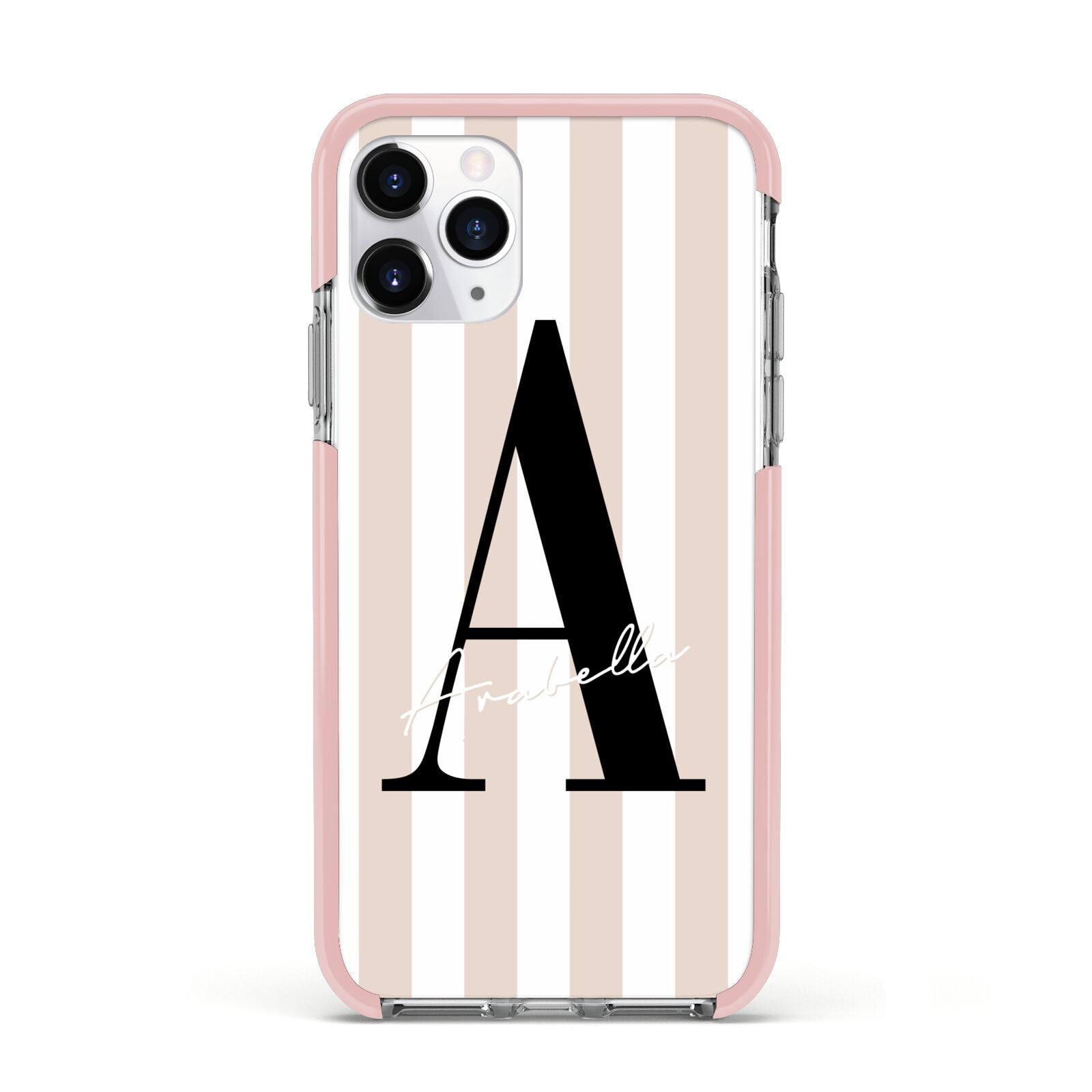 Personalised Nude Colour White Striped Apple iPhone 11 Pro in Silver with Pink Impact Case