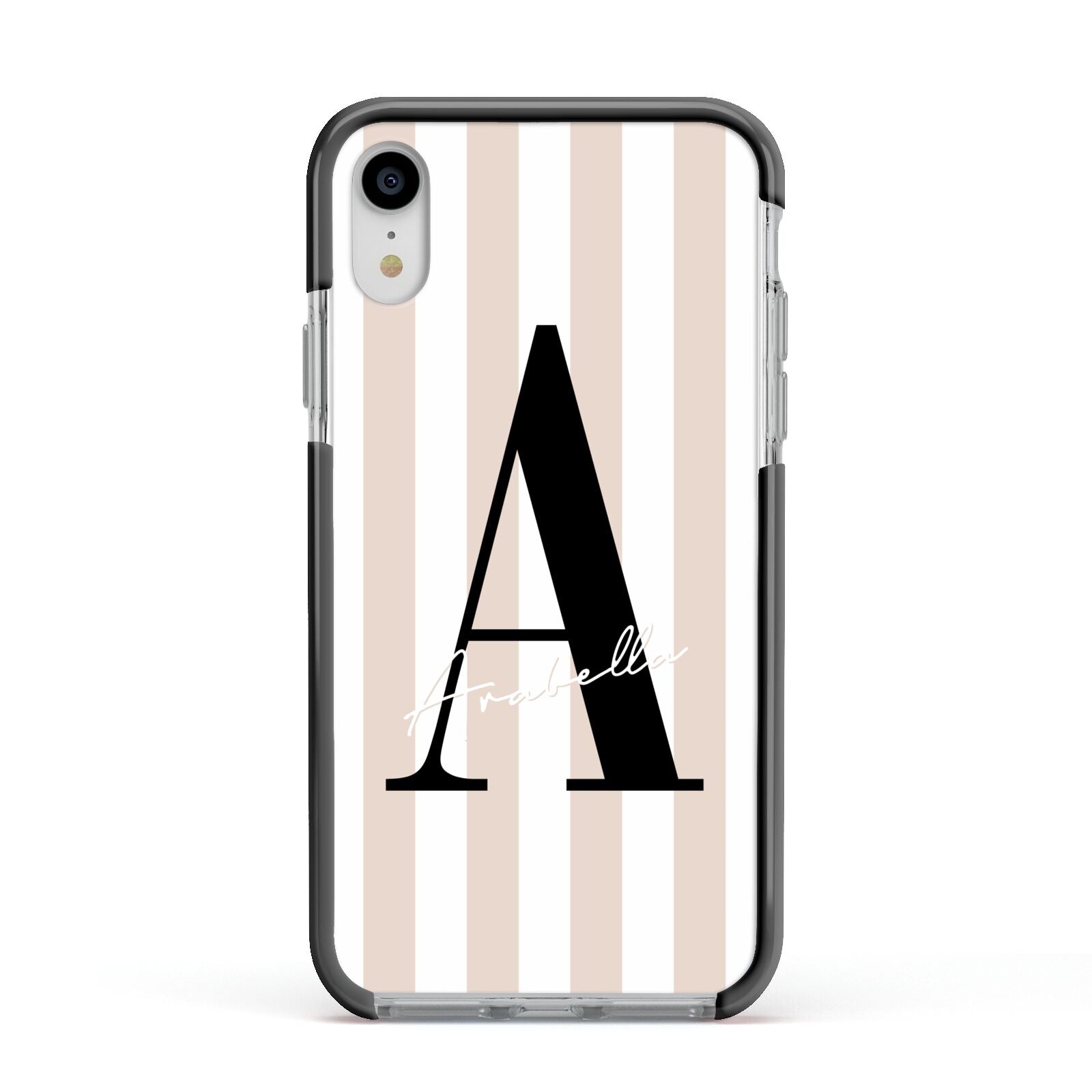 Personalised Nude Colour White Striped Apple iPhone XR Impact Case Black Edge on Silver Phone
