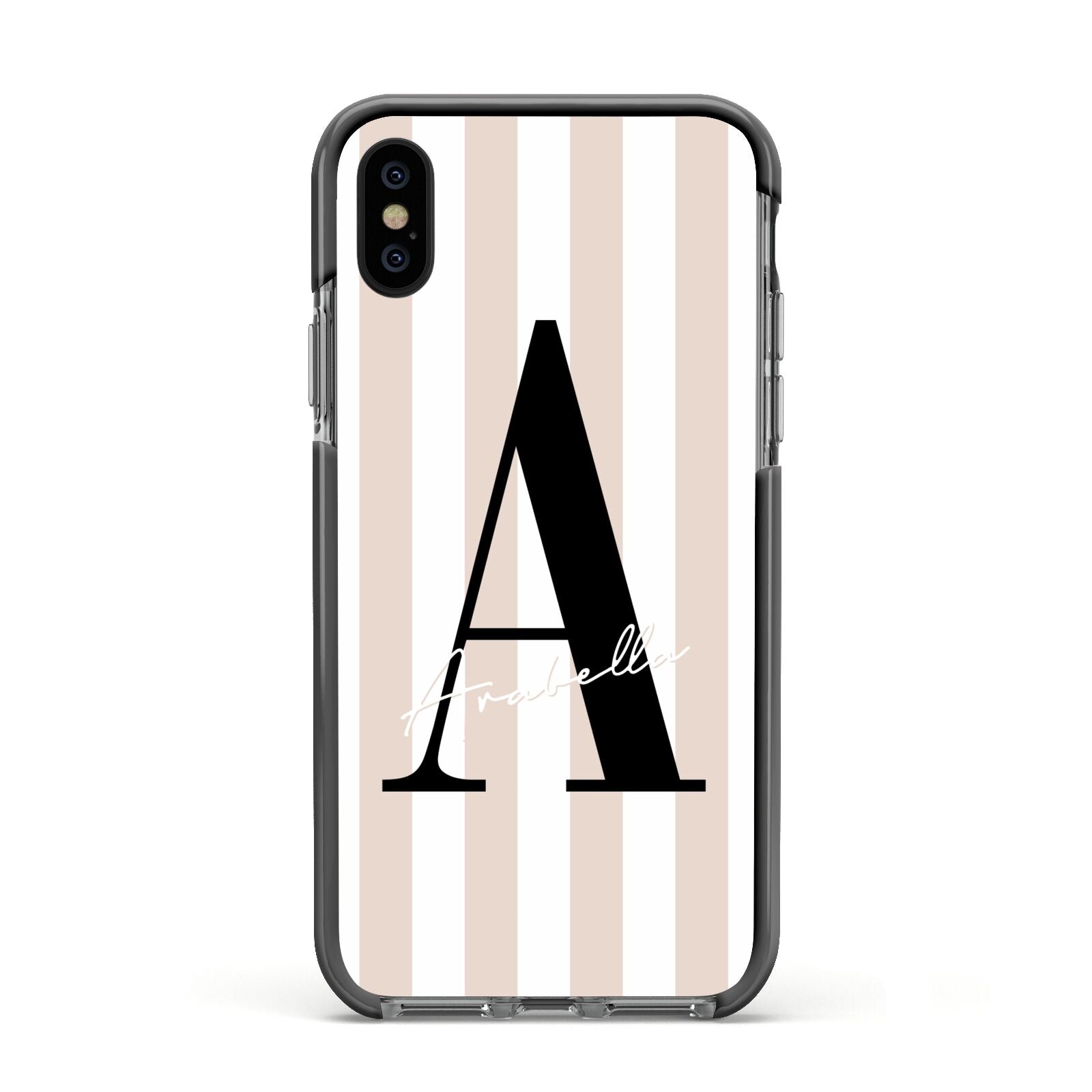 Personalised Nude Colour White Striped Apple iPhone Xs Impact Case Black Edge on Black Phone