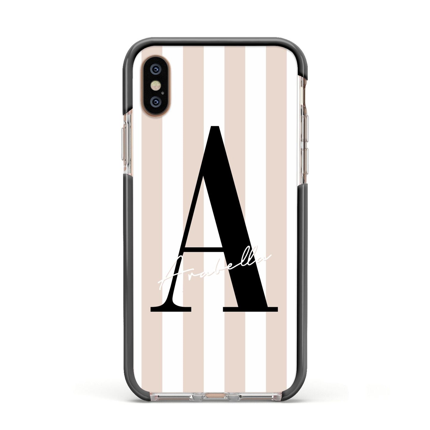 Personalised Nude Colour White Striped Apple iPhone Xs Impact Case Black Edge on Gold Phone