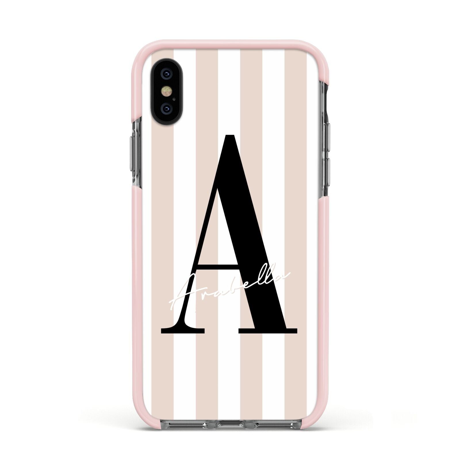 Personalised Nude Colour White Striped Apple iPhone Xs Impact Case Pink Edge on Black Phone