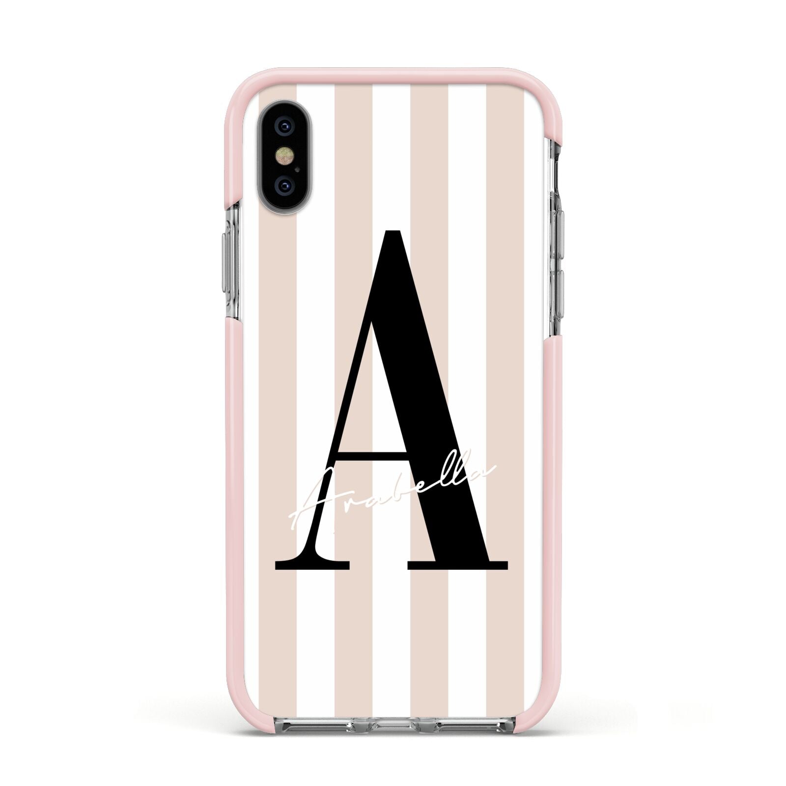 Personalised Nude Colour White Striped Apple iPhone Xs Impact Case Pink Edge on Silver Phone