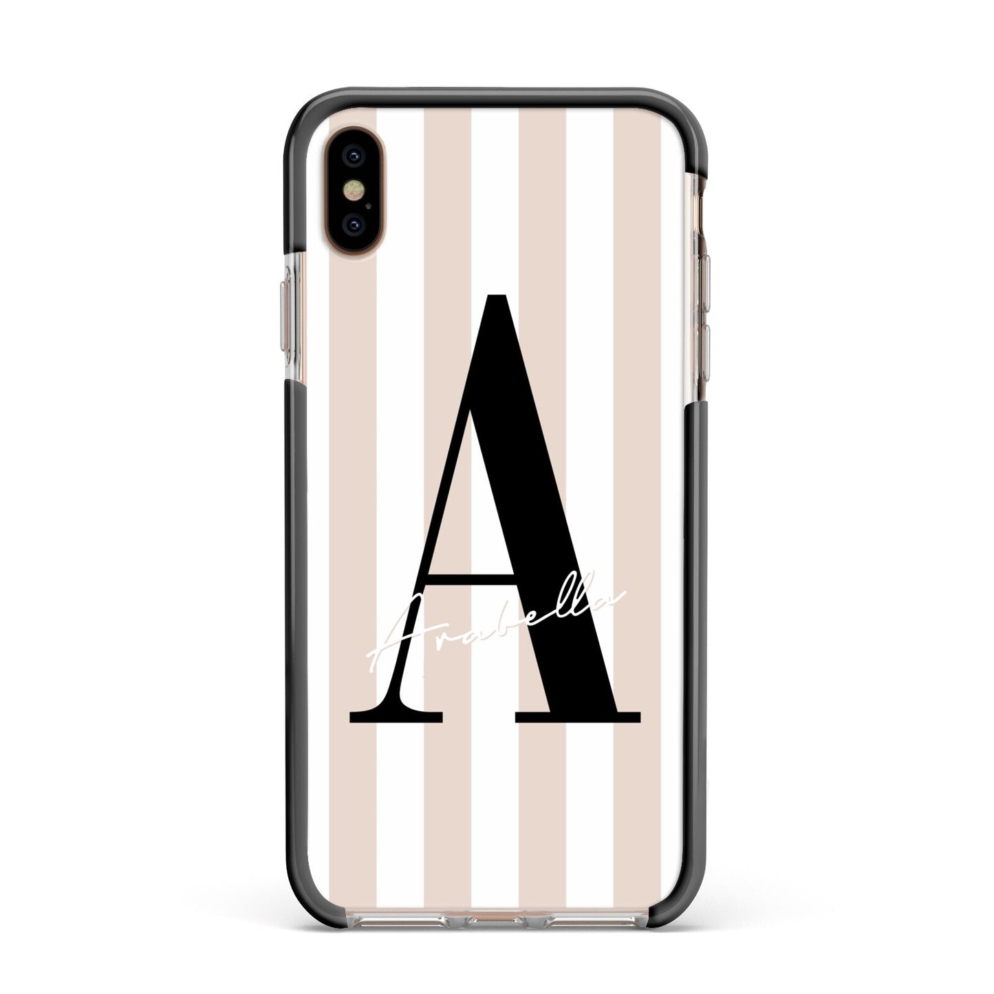 Personalised Nude Colour White Striped Apple iPhone Xs Max Impact Case Black Edge on Gold Phone