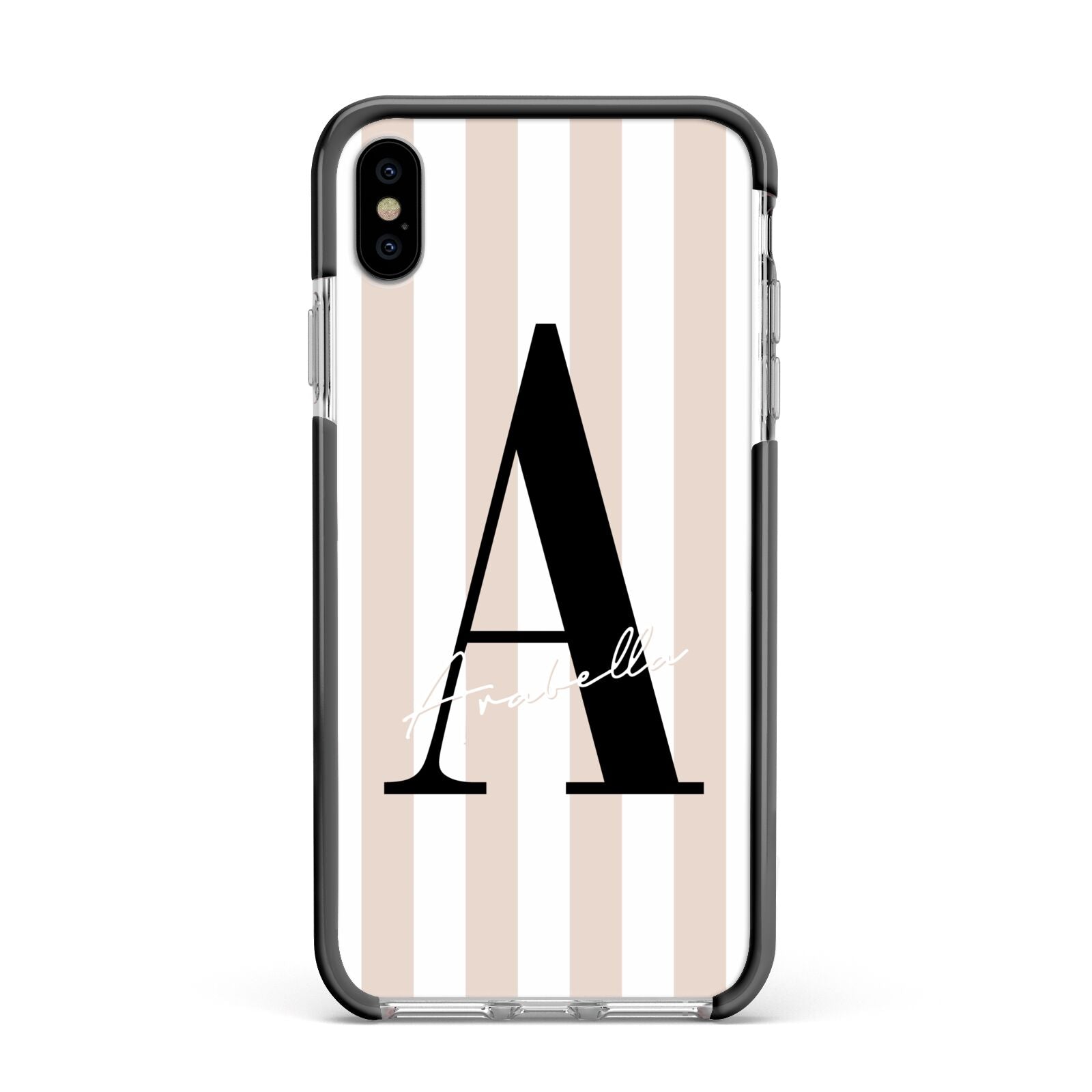 Personalised Nude Colour White Striped Apple iPhone Xs Max Impact Case Black Edge on Silver Phone