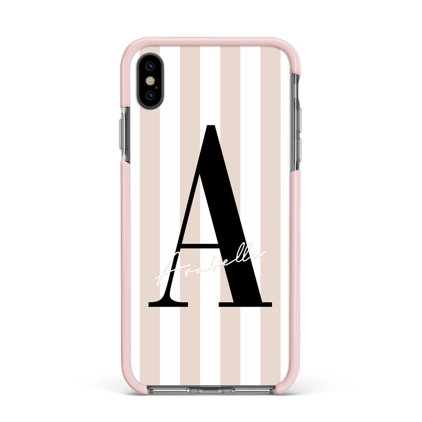 Personalised Nude Colour White Striped Apple iPhone Xs Max Impact Case Pink Edge on Black Phone