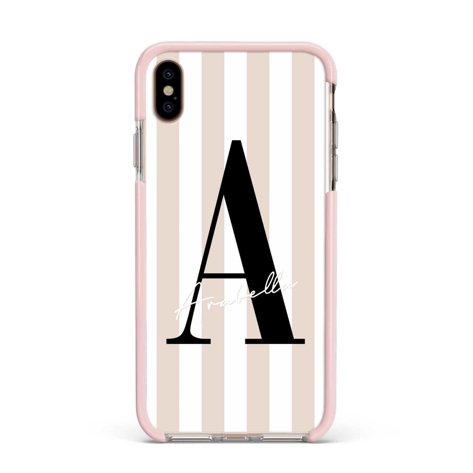 Personalised Nude Colour White Striped Apple iPhone Xs Max Impact Case Pink Edge on Gold Phone