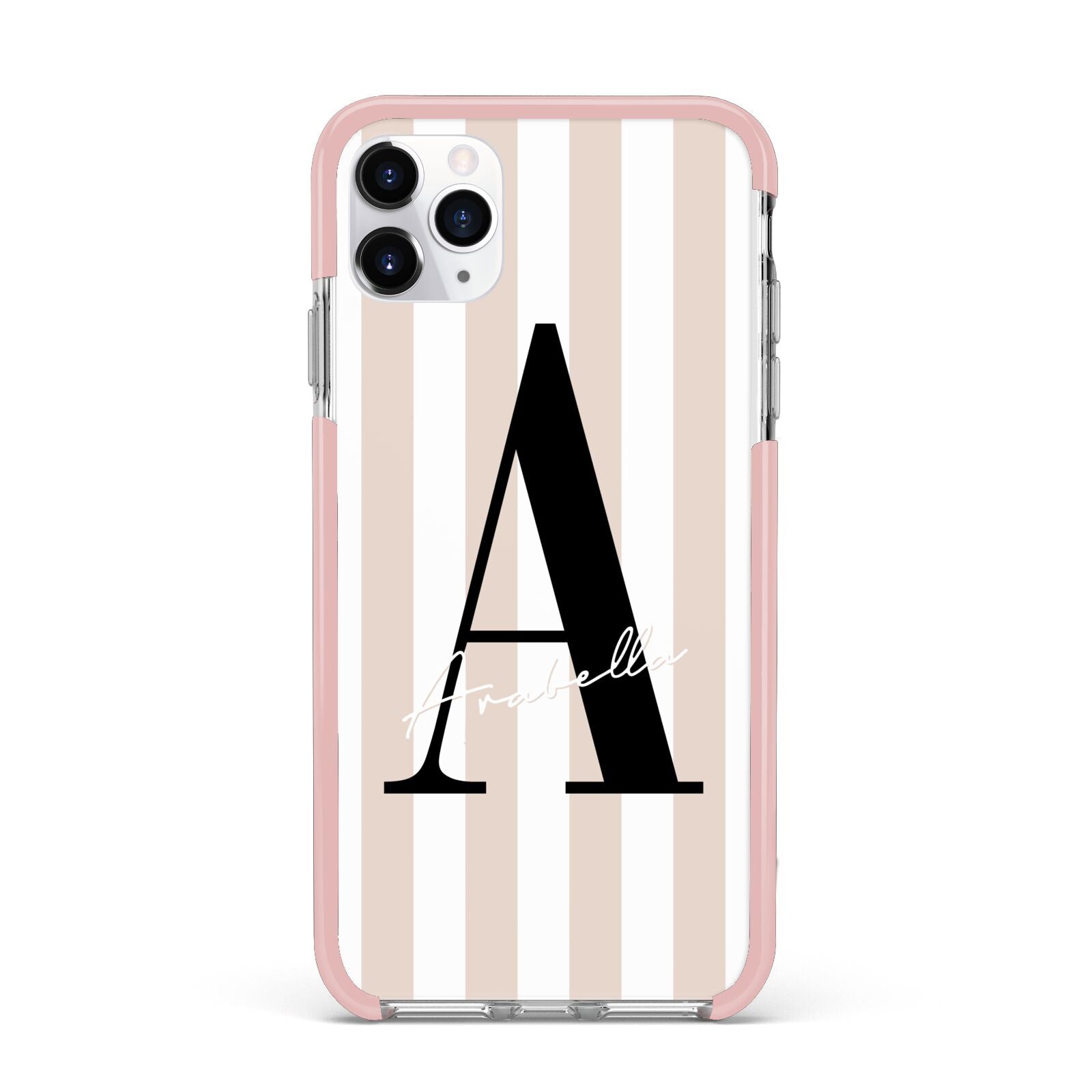 Personalised Nude Colour White Striped iPhone 11 Pro Max Impact Pink Edge Case