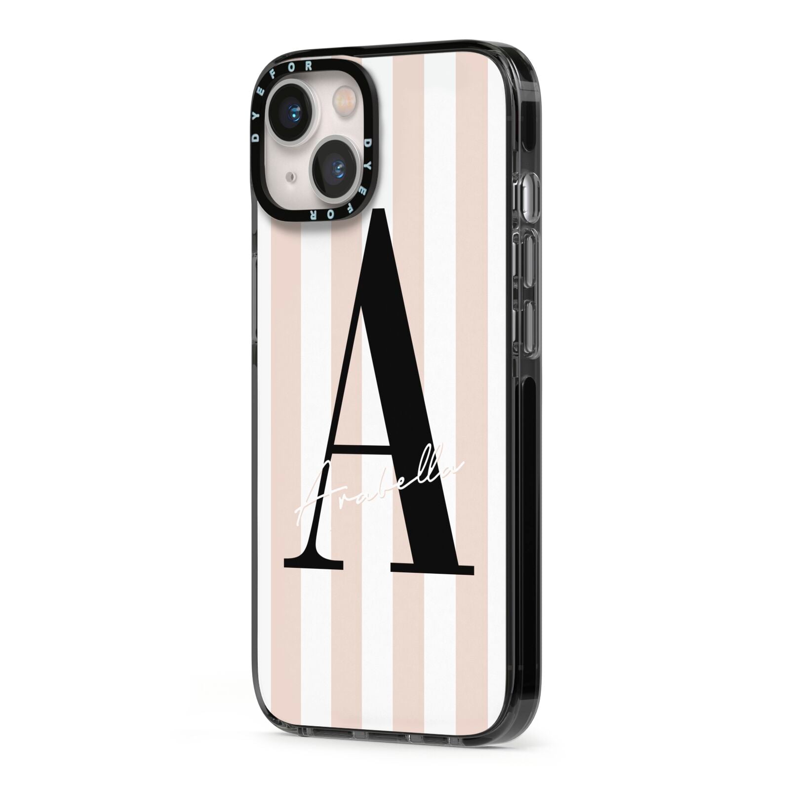 Personalised Nude Colour White Striped iPhone 13 Black Impact Case Side Angle on Silver phone