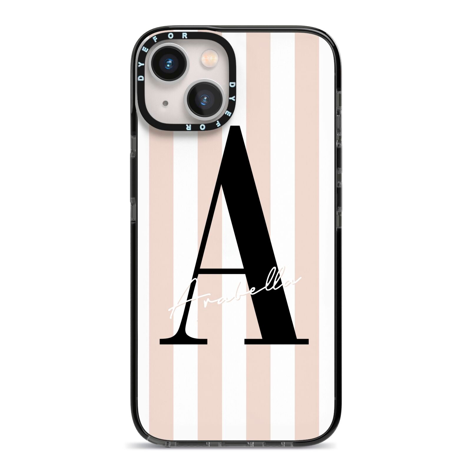 Personalised Nude Colour White Striped iPhone 13 Black Impact Case on Silver phone