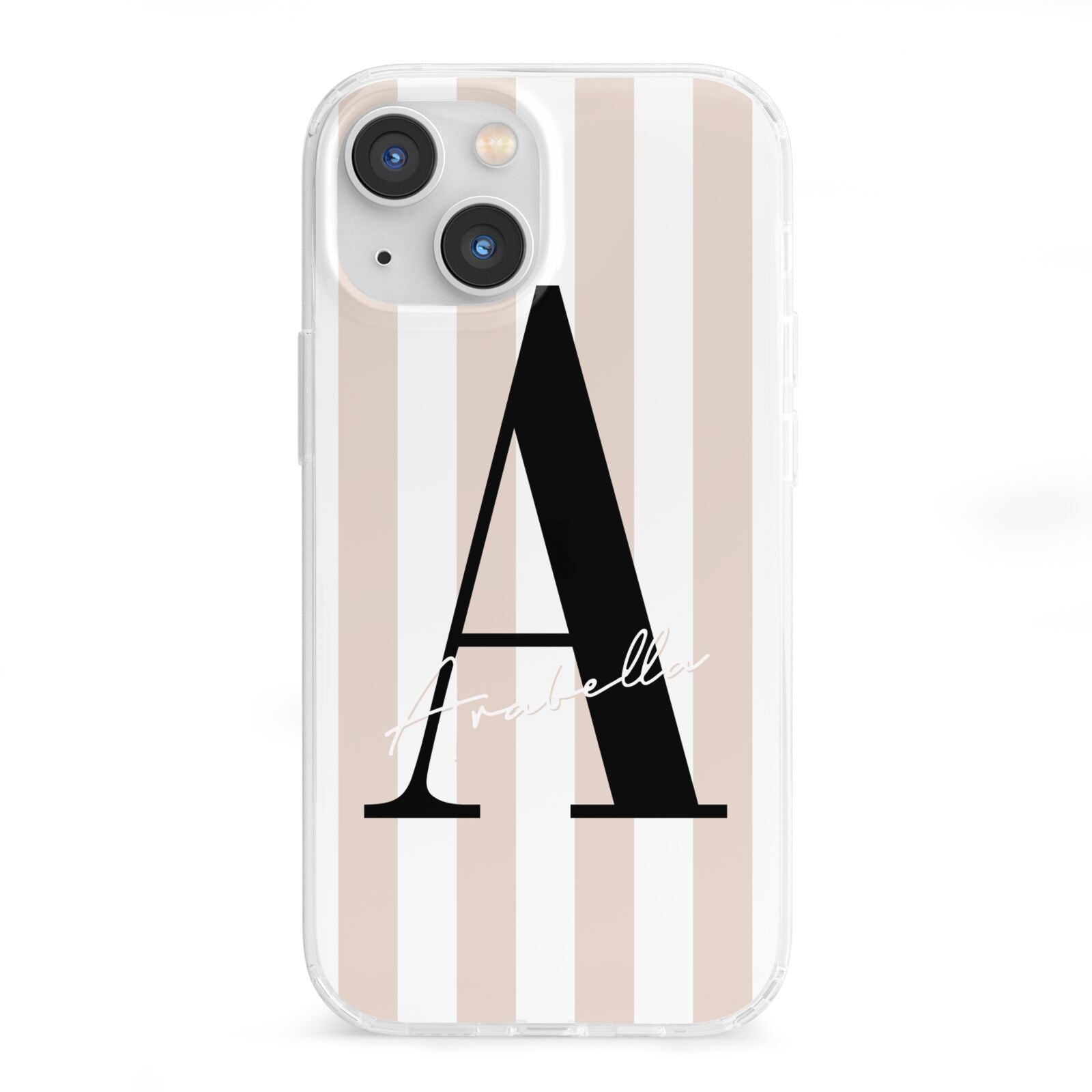 Personalised Nude Colour White Striped iPhone 13 Mini Clear Bumper Case