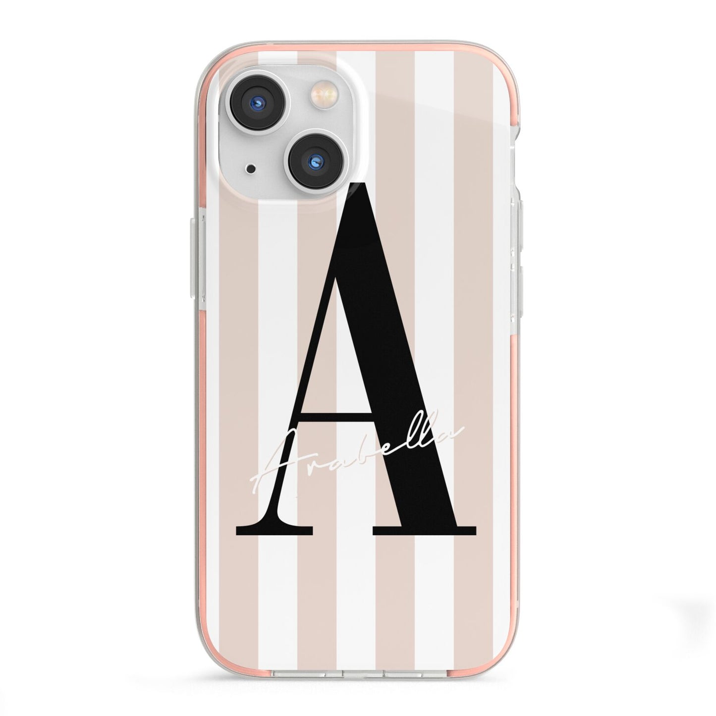 Personalised Nude Colour White Striped iPhone 13 Mini TPU Impact Case with Pink Edges