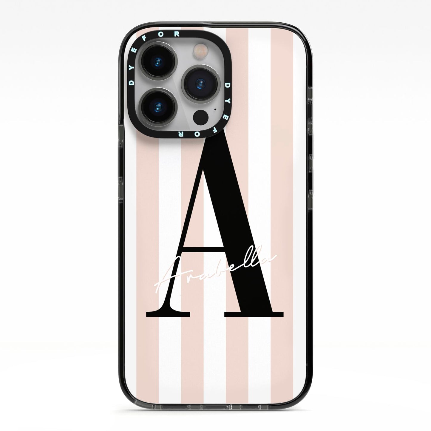 Personalised Nude Colour White Striped iPhone 13 Pro Black Impact Case on Silver phone