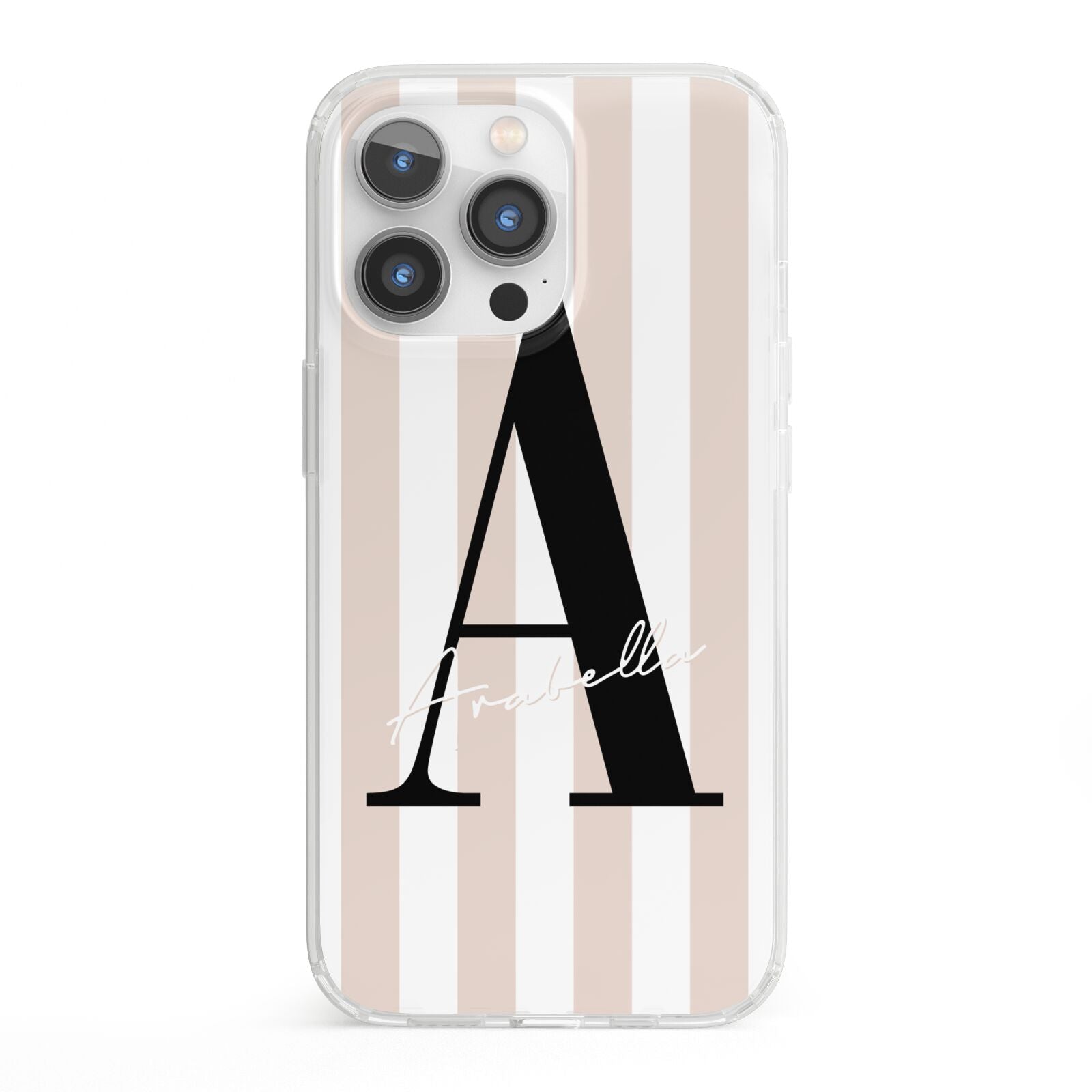 Personalised Nude Colour White Striped iPhone 13 Pro Clear Bumper Case