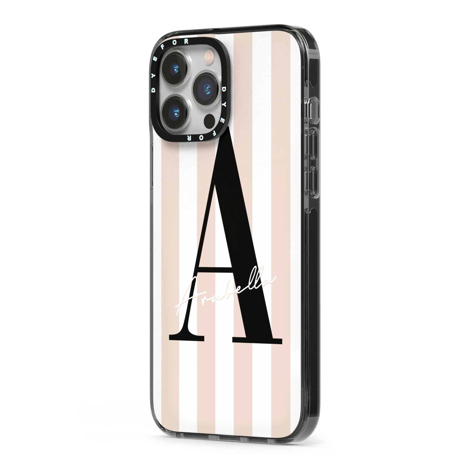 Personalised Nude Colour White Striped iPhone 13 Pro Max Black Impact Case Side Angle on Silver phone