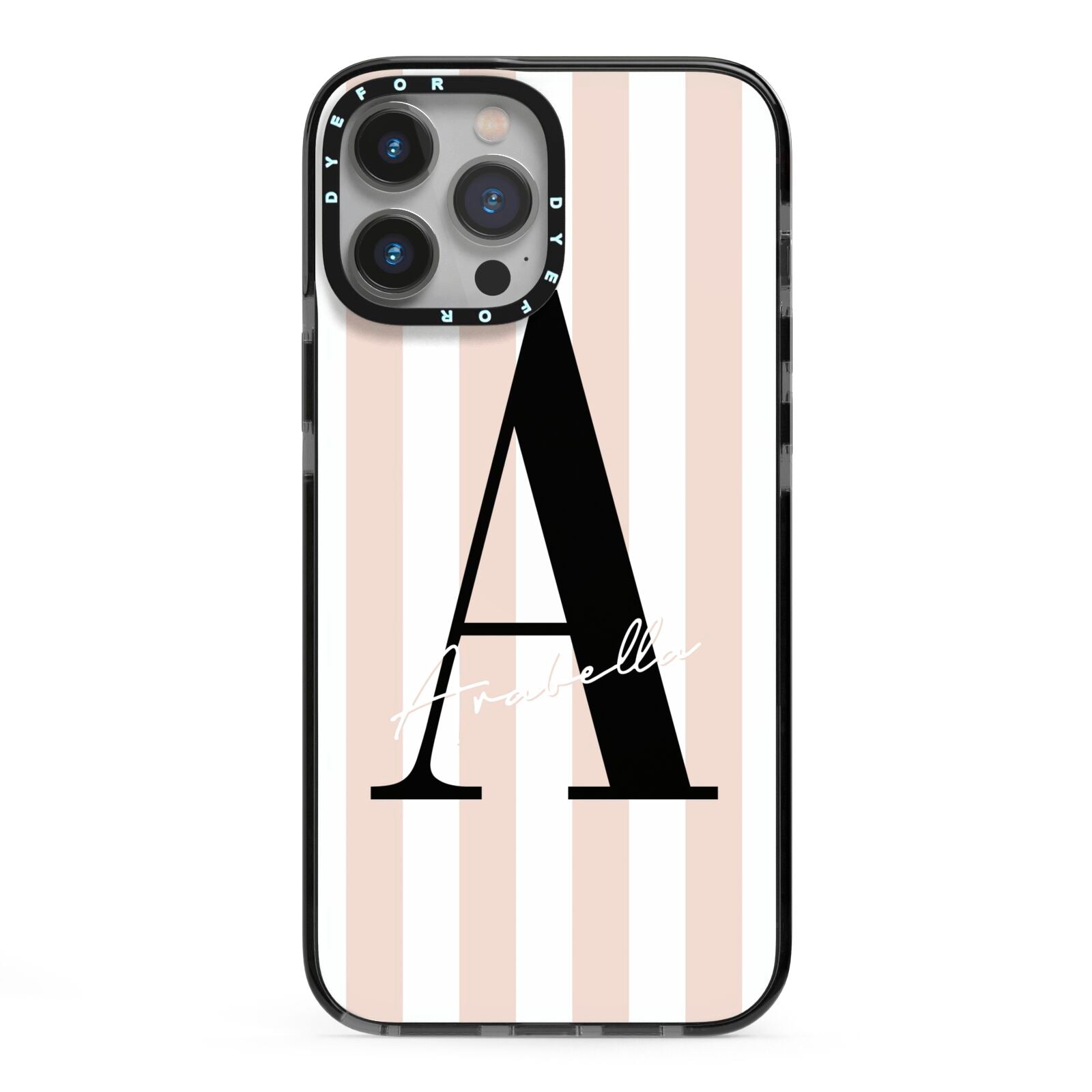Personalised Nude Colour White Striped iPhone 13 Pro Max Black Impact Case on Silver phone