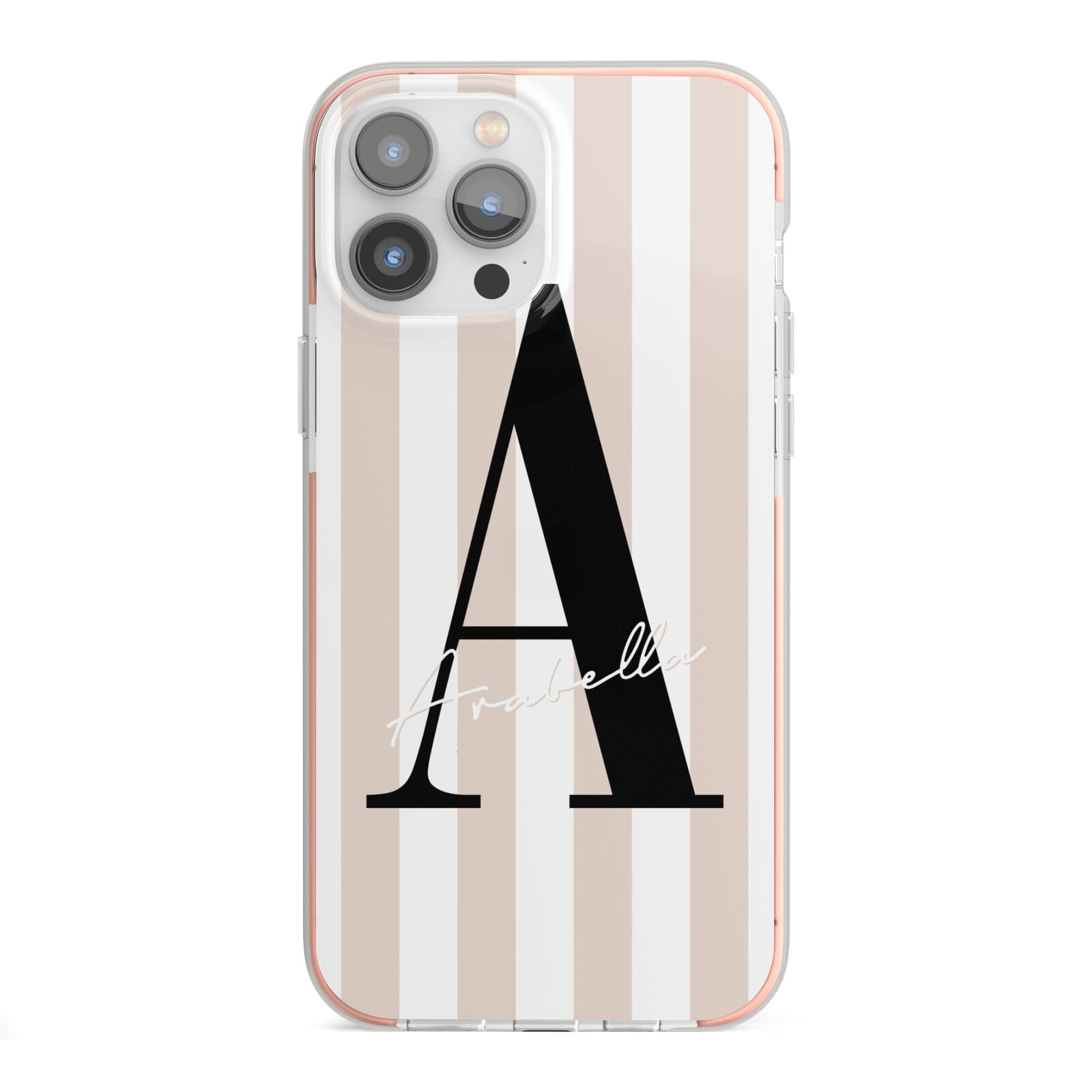 Personalised Nude Colour White Striped iPhone 13 Pro Max TPU Impact Case with Pink Edges