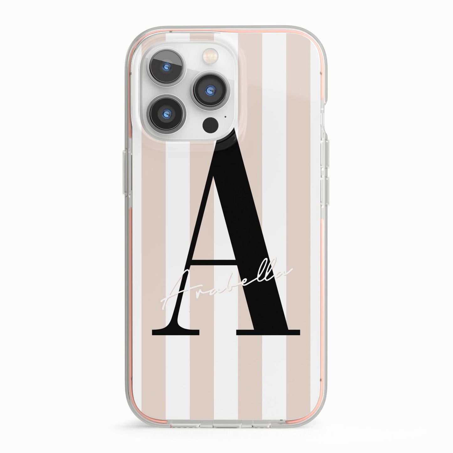 Personalised Nude Colour White Striped iPhone 13 Pro TPU Impact Case with Pink Edges