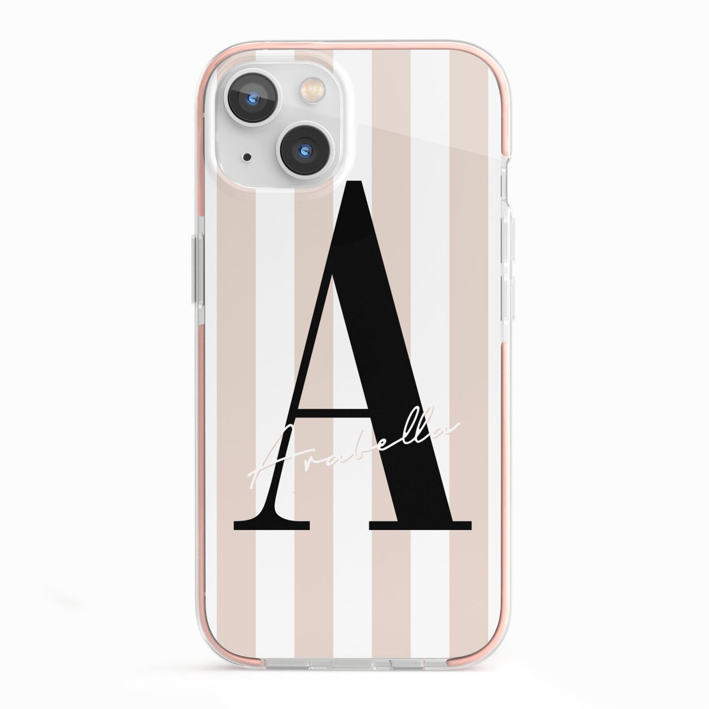Personalised Nude Colour White Striped iPhone 13 TPU Impact Case with Pink Edges