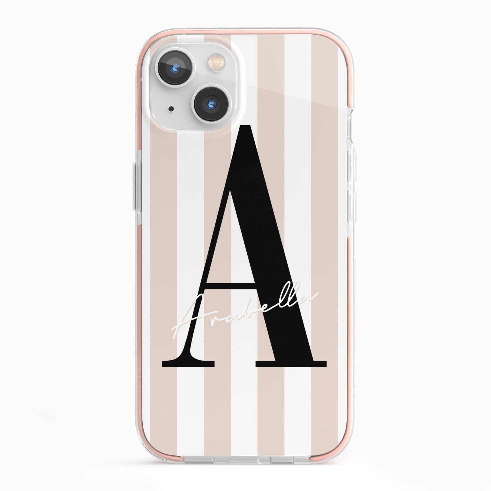 Personalised Nude Colour White Striped iPhone 13 TPU Impact Case with Pink Edges