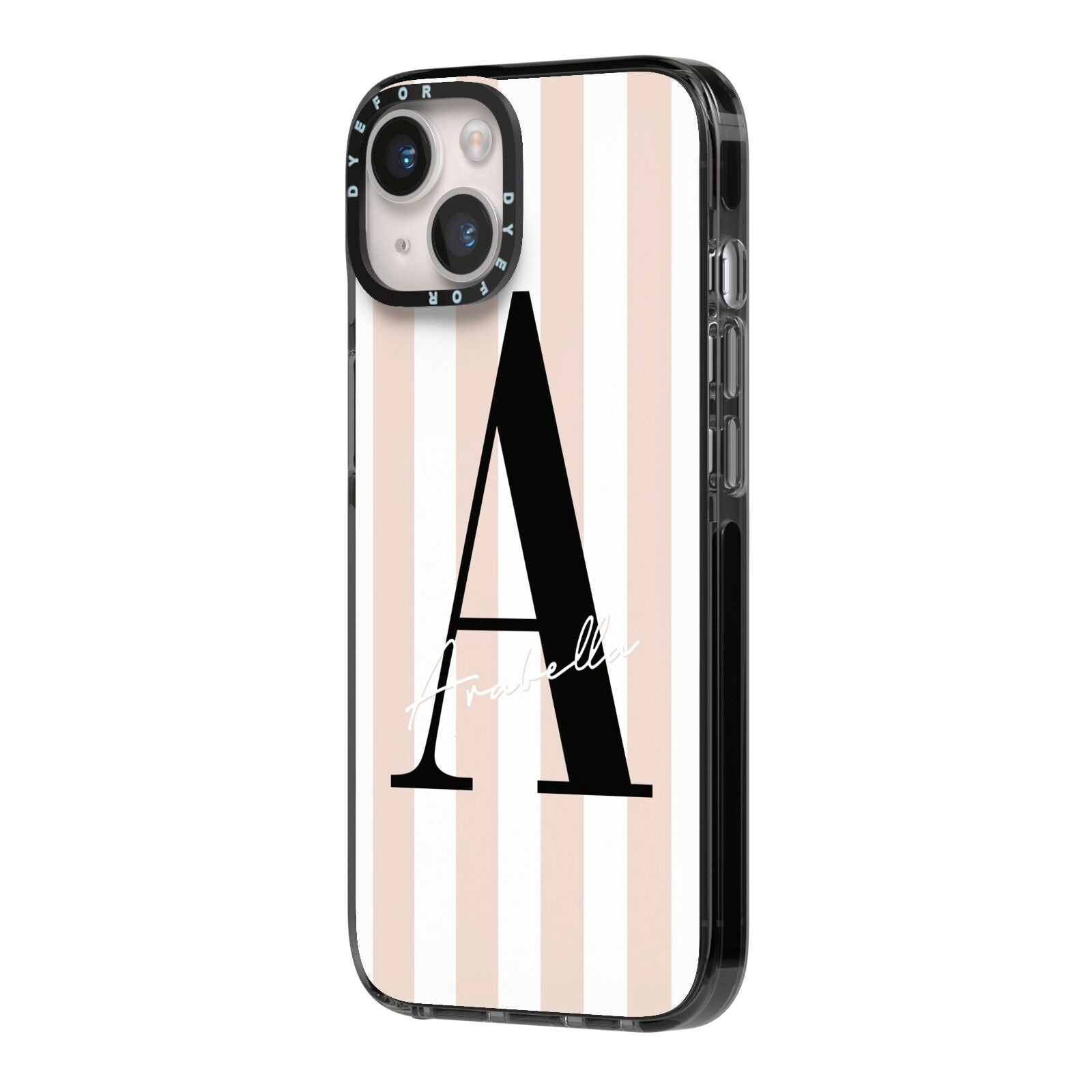 Personalised Nude Colour White Striped iPhone 14 Black Impact Case Side Angle on Silver phone