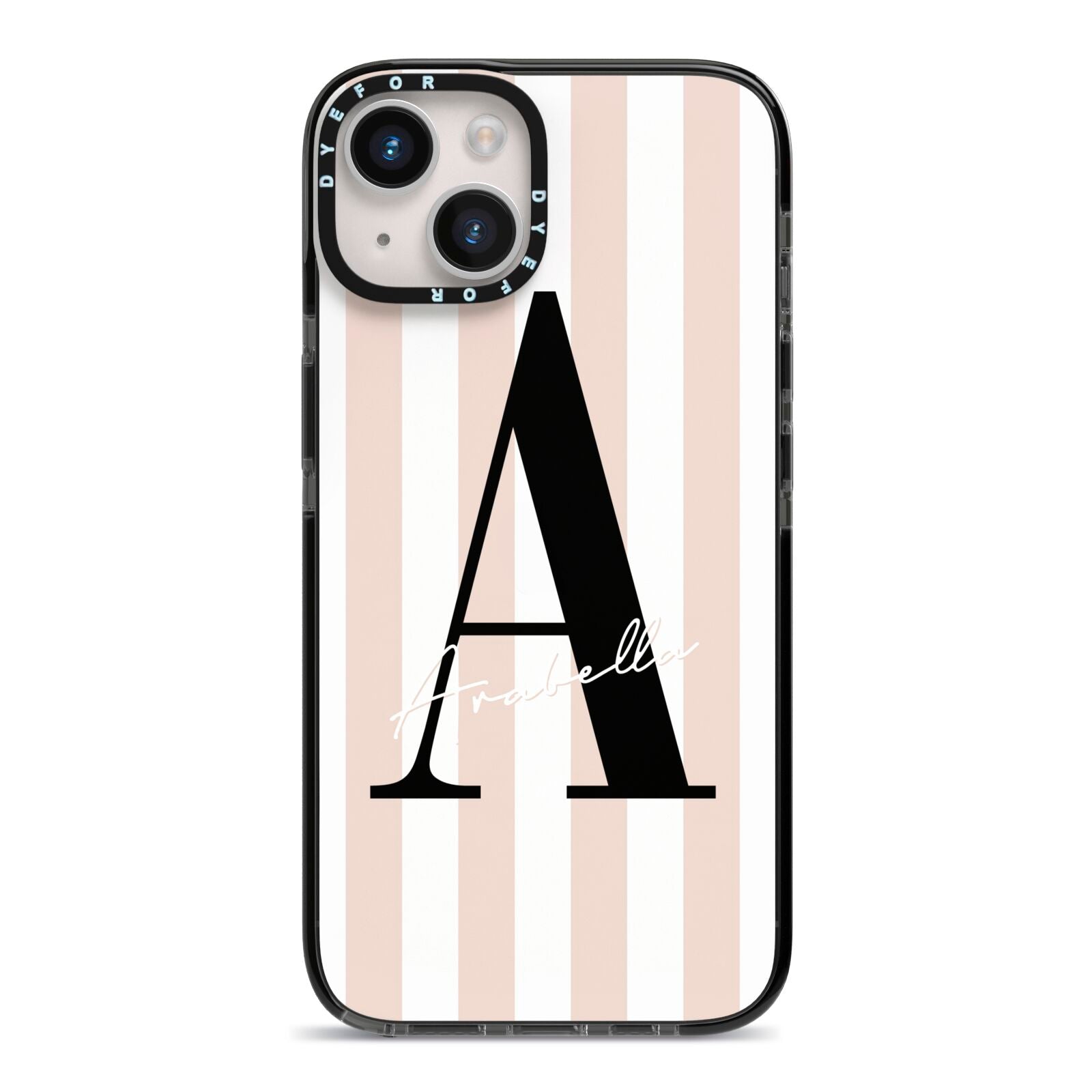 Personalised Nude Colour White Striped iPhone 14 Black Impact Case on Silver phone