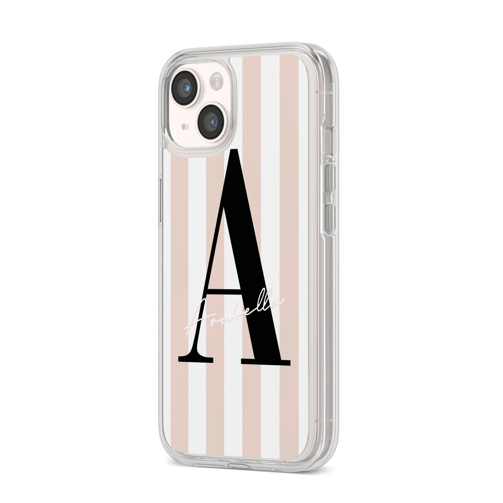 Personalised Nude Colour White Striped iPhone 14 Clear Tough Case Starlight Angled Image