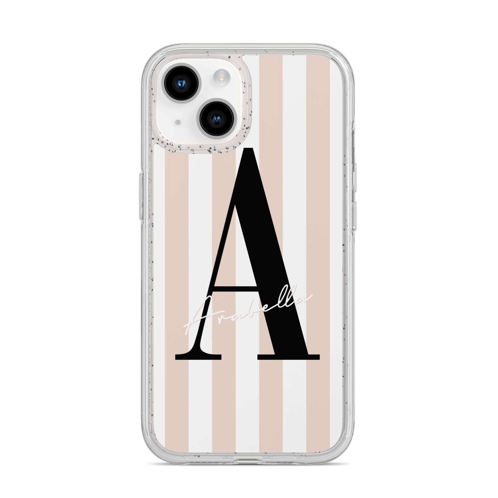 Personalised Nude Colour White Striped iPhone 14 Glitter Tough Case Starlight