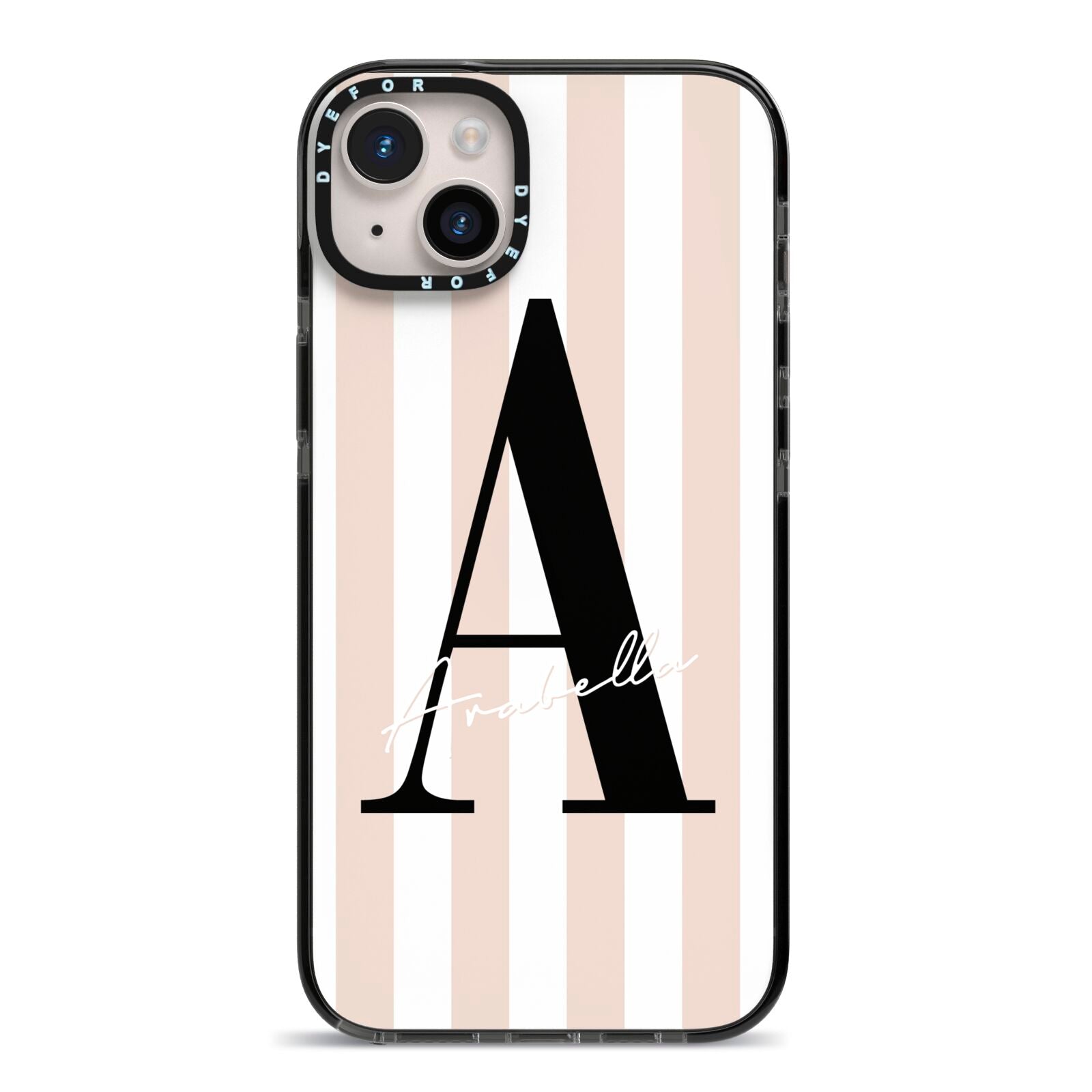 Personalised Nude Colour White Striped iPhone 14 Plus Black Impact Case on Silver phone