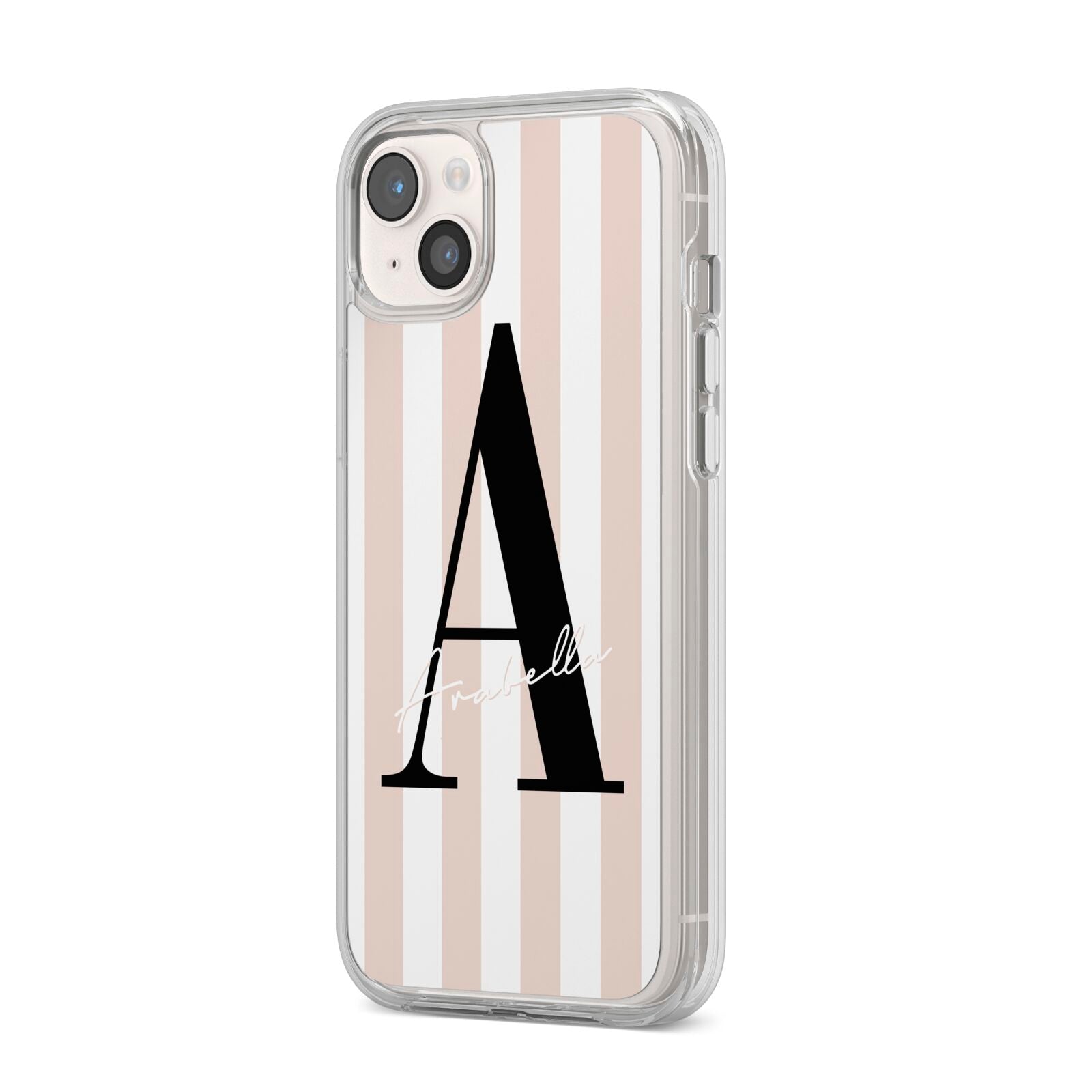 Personalised Nude Colour White Striped iPhone 14 Plus Clear Tough Case Starlight Angled Image