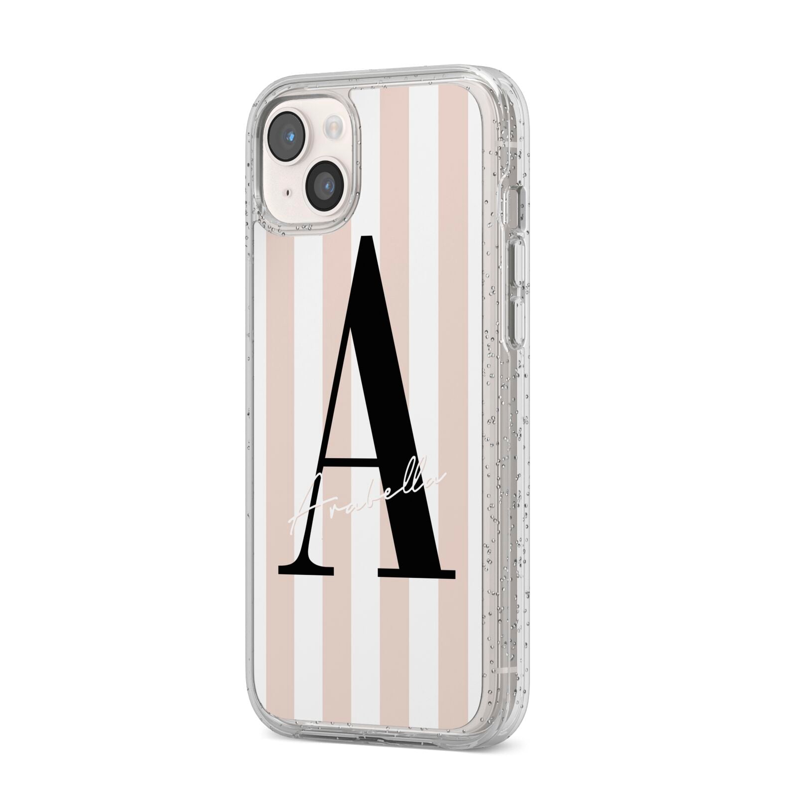 Personalised Nude Colour White Striped iPhone 14 Plus Glitter Tough Case Starlight Angled Image