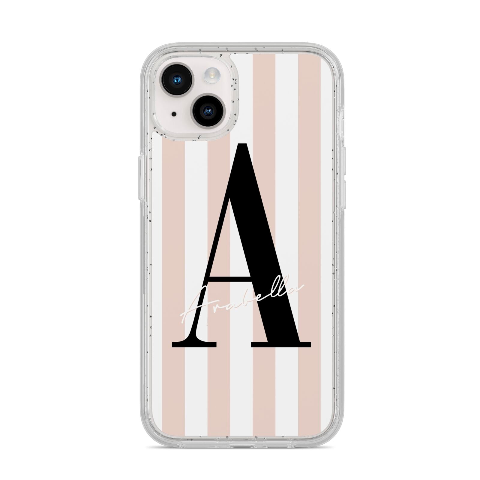 Personalised Nude Colour White Striped iPhone 14 Plus Glitter Tough Case Starlight