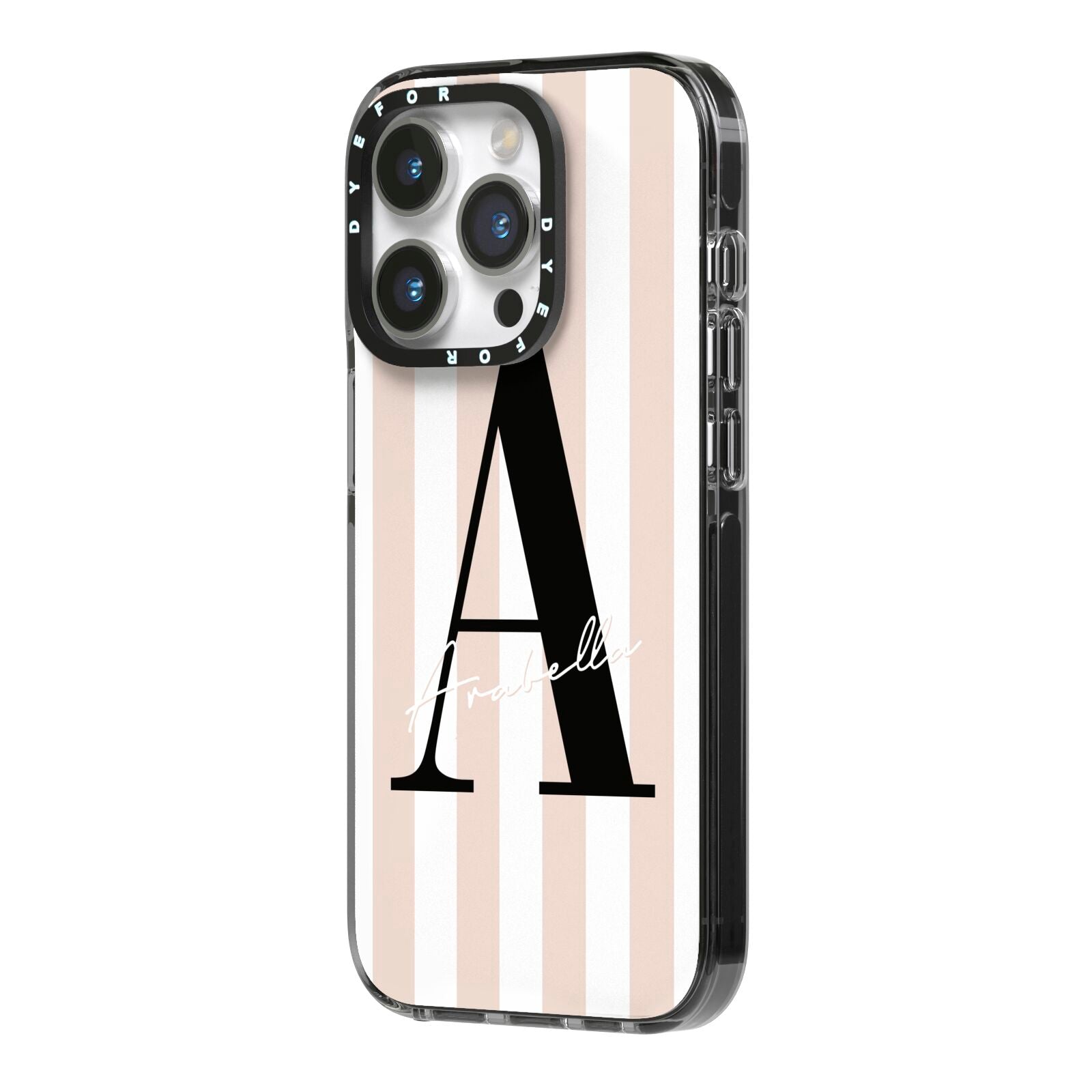 Personalised Nude Colour White Striped iPhone 14 Pro Black Impact Case Side Angle on Silver phone