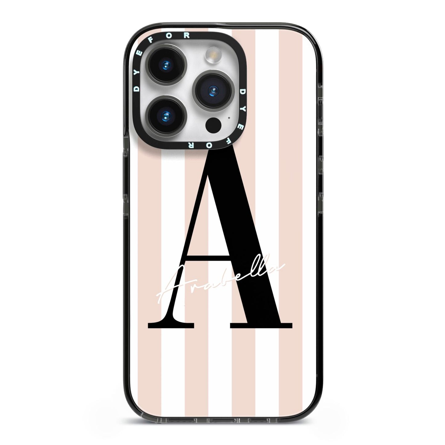 Personalised Nude Colour White Striped iPhone 14 Pro Black Impact Case on Silver phone