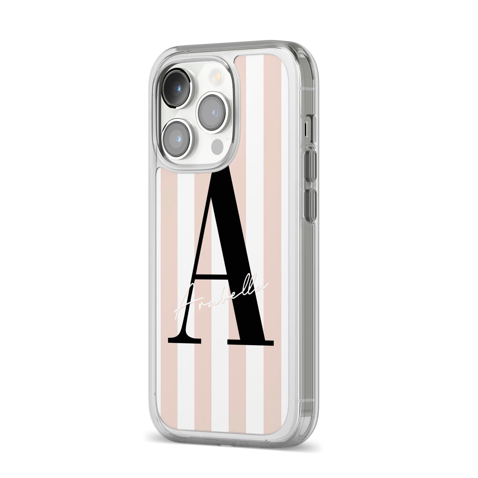 Personalised Nude Colour White Striped iPhone 14 Pro Clear Tough Case Silver Angled Image