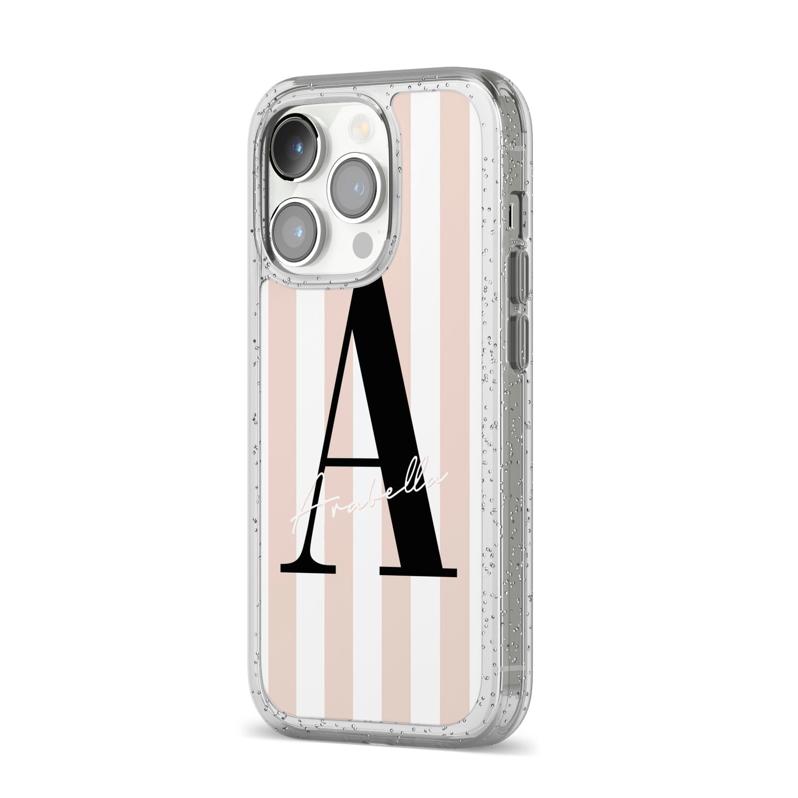Personalised Nude Colour White Striped iPhone 14 Pro Glitter Tough Case Silver Angled Image
