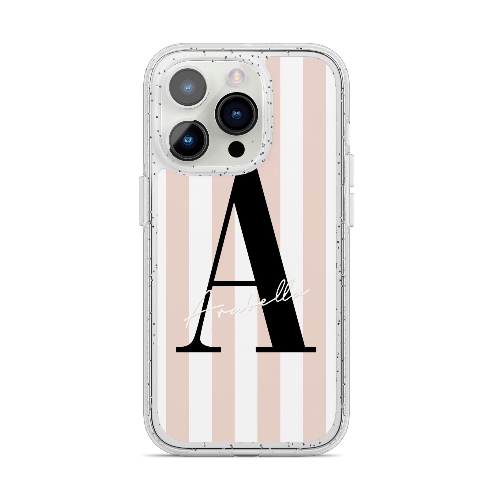 Personalised Nude Colour White Striped iPhone 14 Pro Glitter Tough Case Silver