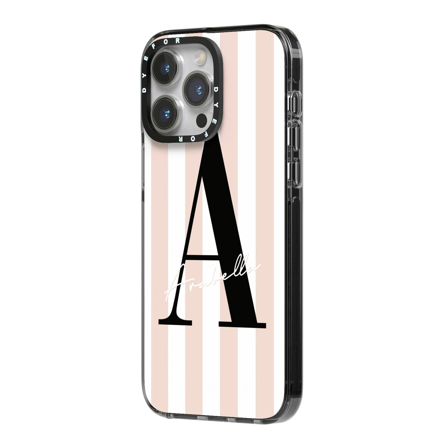 Personalised Nude Colour White Striped iPhone 14 Pro Max Black Impact Case Side Angle on Silver phone