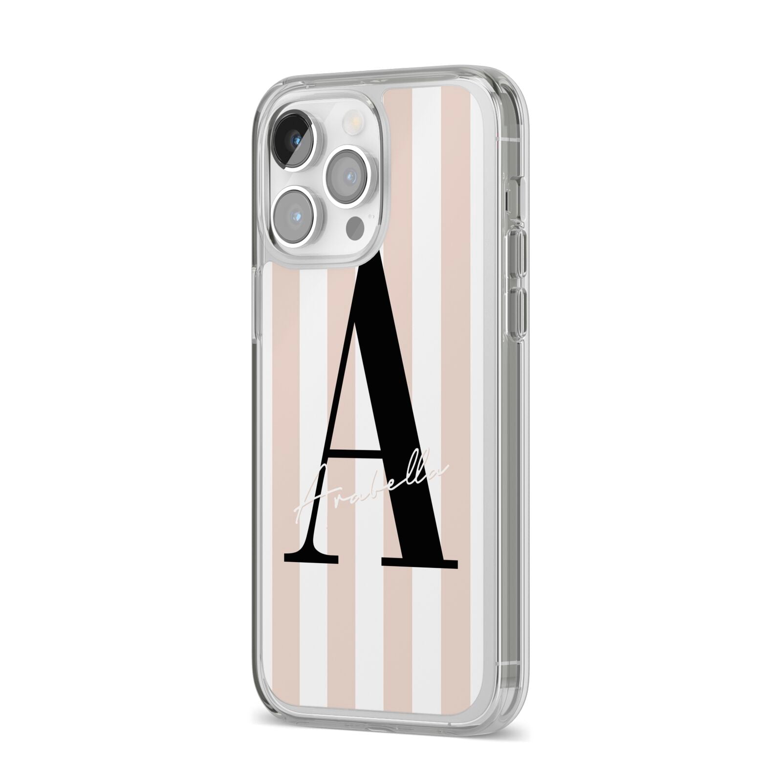 Personalised Nude Colour White Striped iPhone 14 Pro Max Clear Tough Case Silver Angled Image