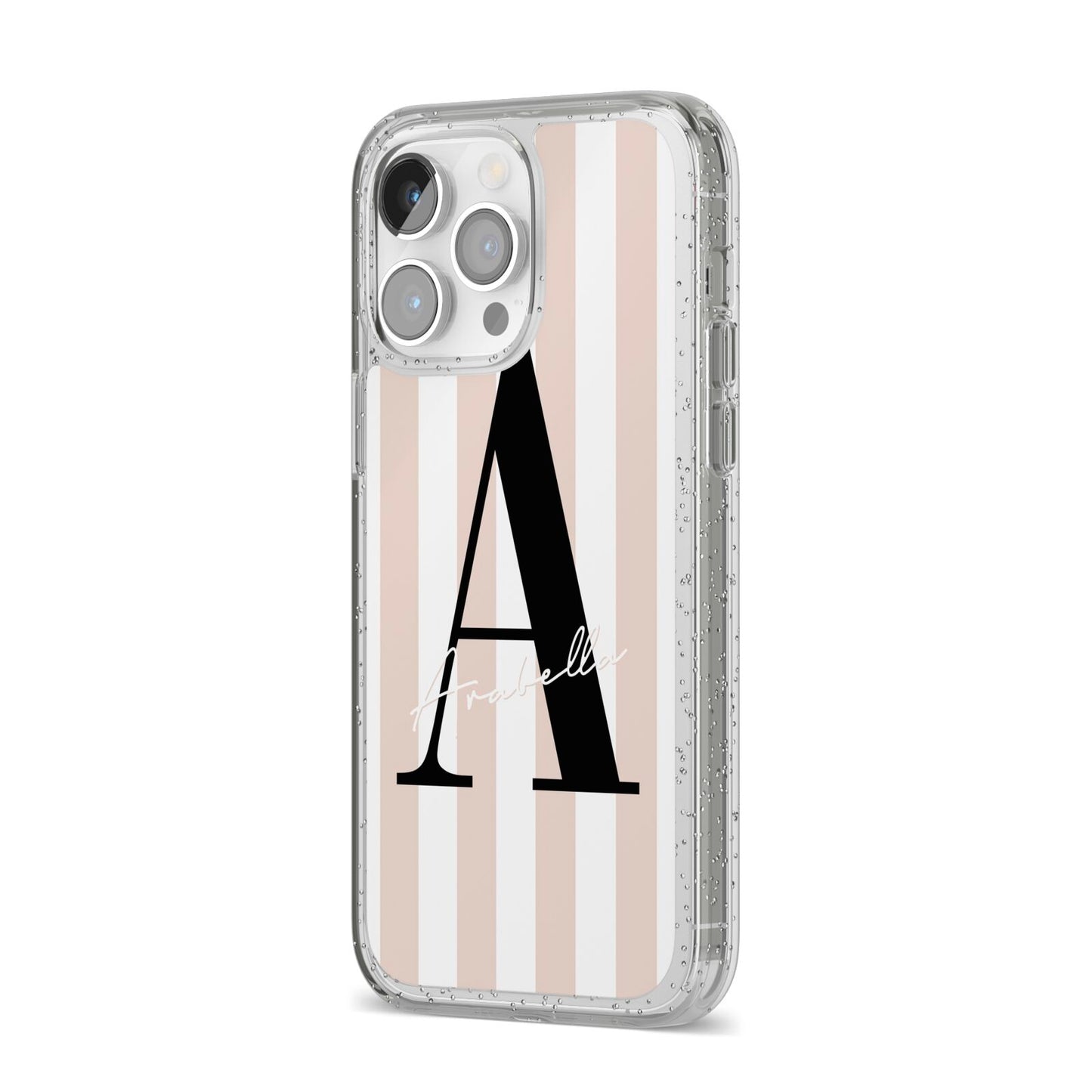 Personalised Nude Colour White Striped iPhone 14 Pro Max Glitter Tough Case Silver Angled Image