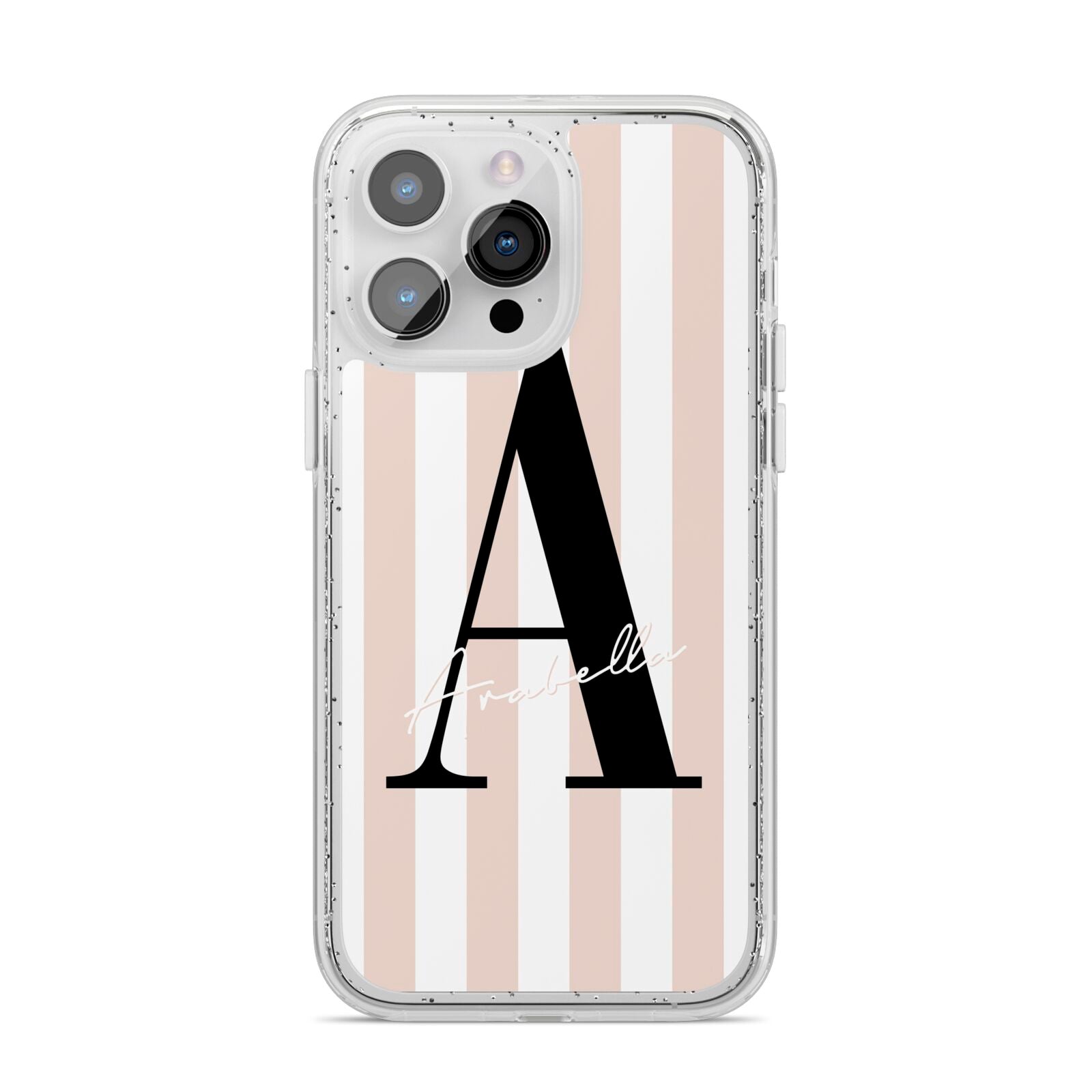 Personalised Nude Colour White Striped iPhone 14 Pro Max Glitter Tough Case Silver