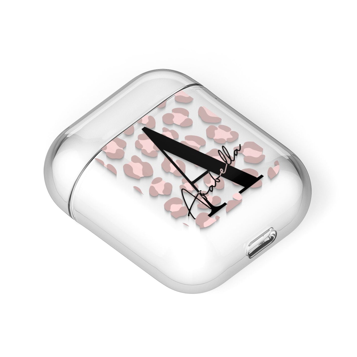 Personalised Nude Pink Leopard AirPods Case Laid Flat