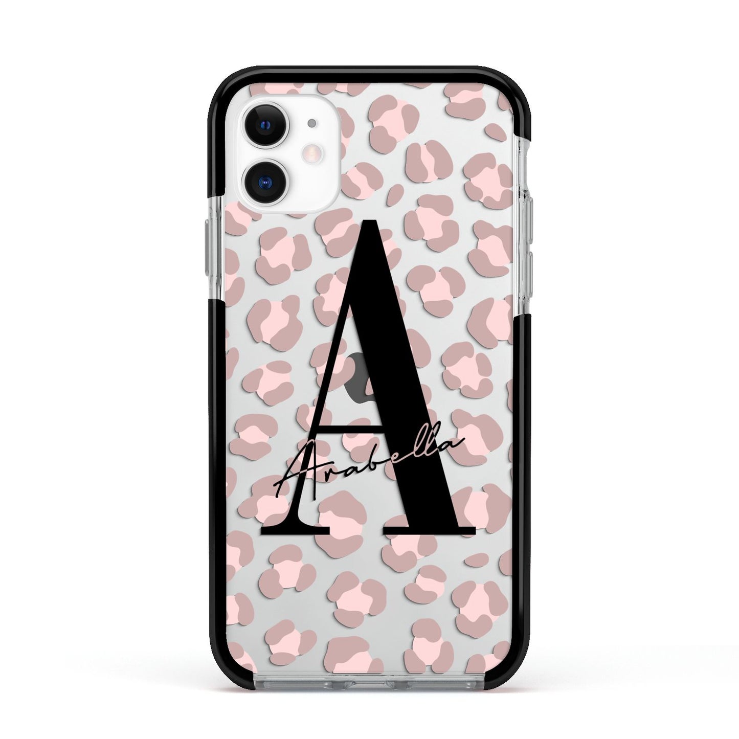 Personalised Nude Pink Leopard Apple iPhone 11 in White with Black Impact Case