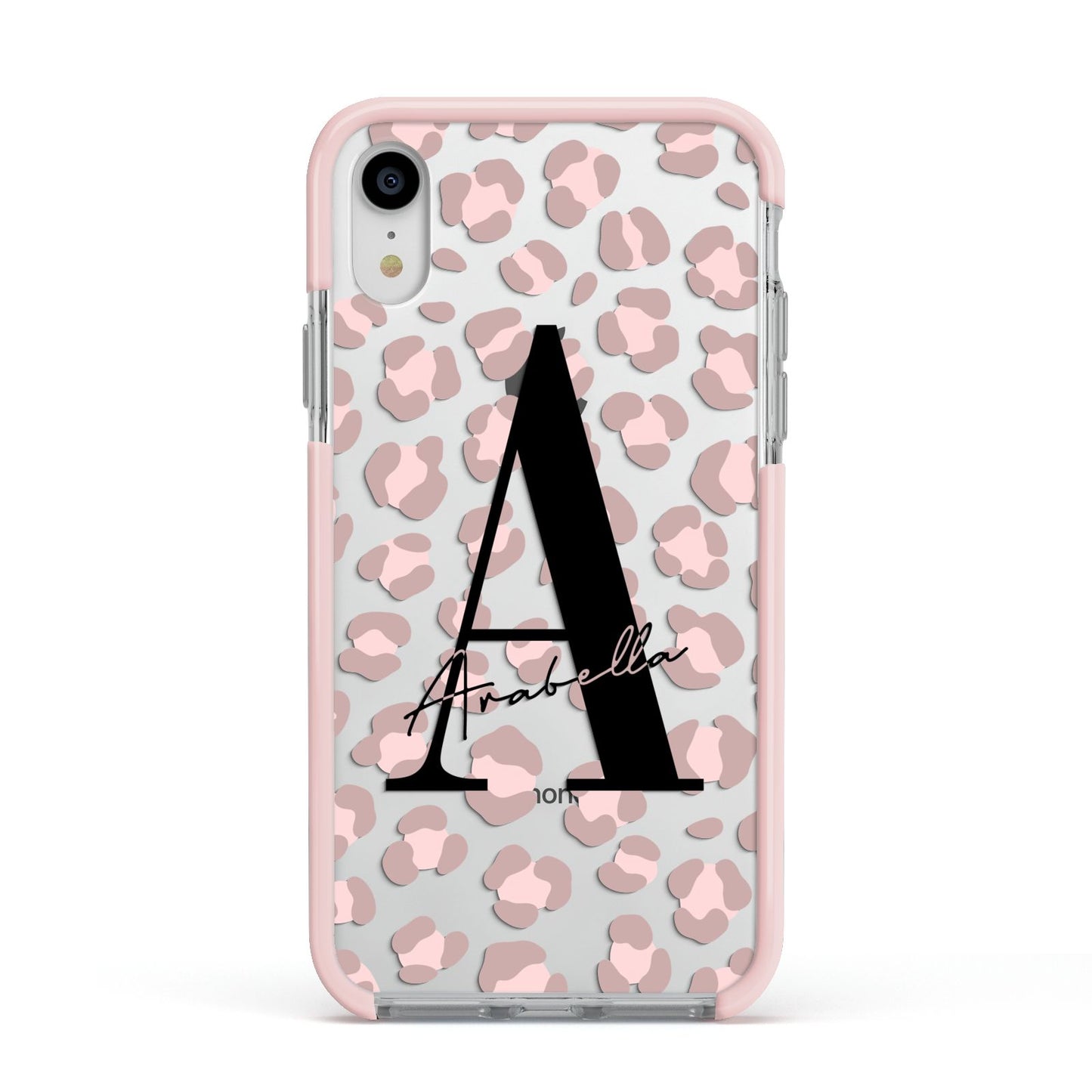 Personalised Nude Pink Leopard Apple iPhone XR Impact Case Pink Edge on Silver Phone
