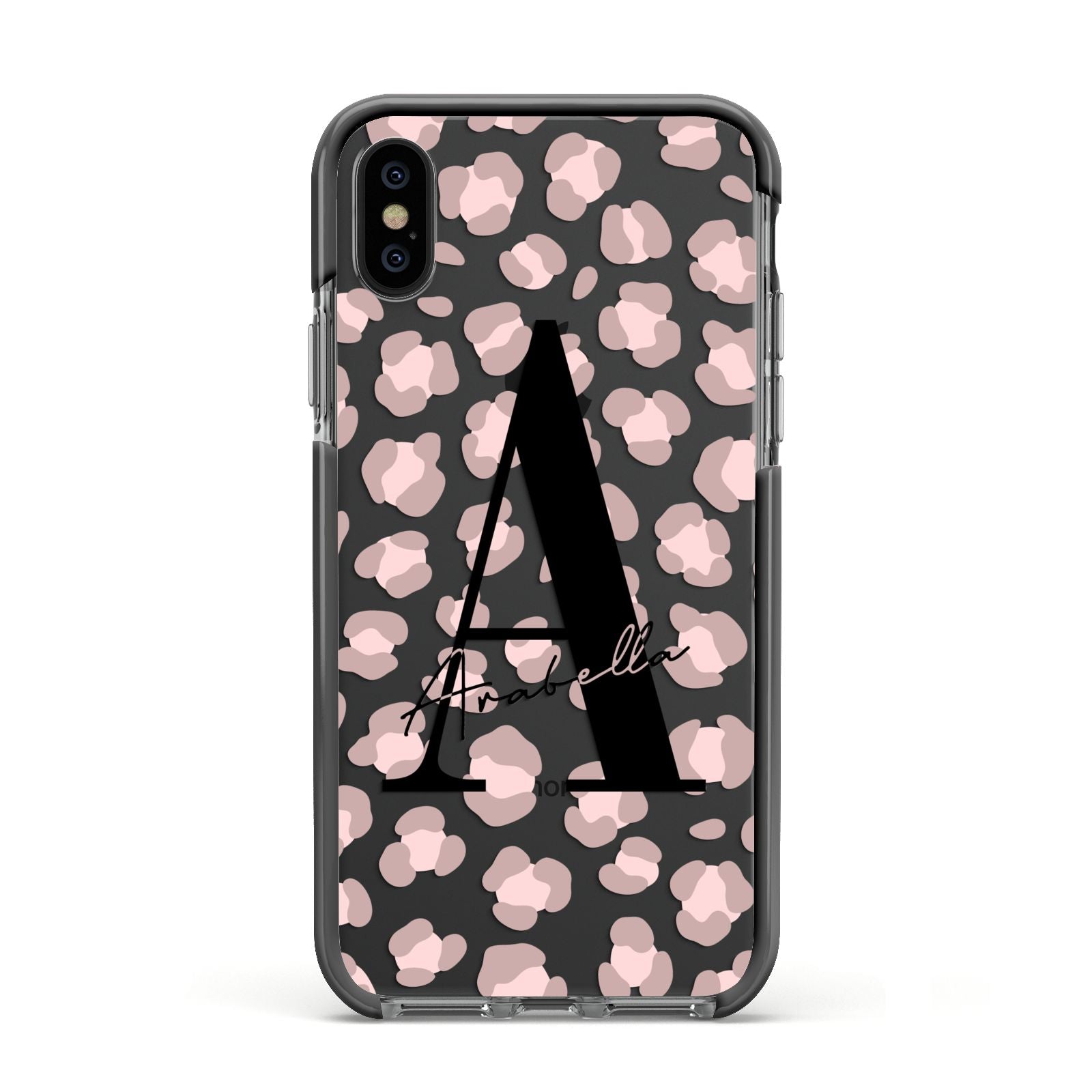 Personalised Nude Pink Leopard Apple iPhone Xs Impact Case Black Edge on Black Phone